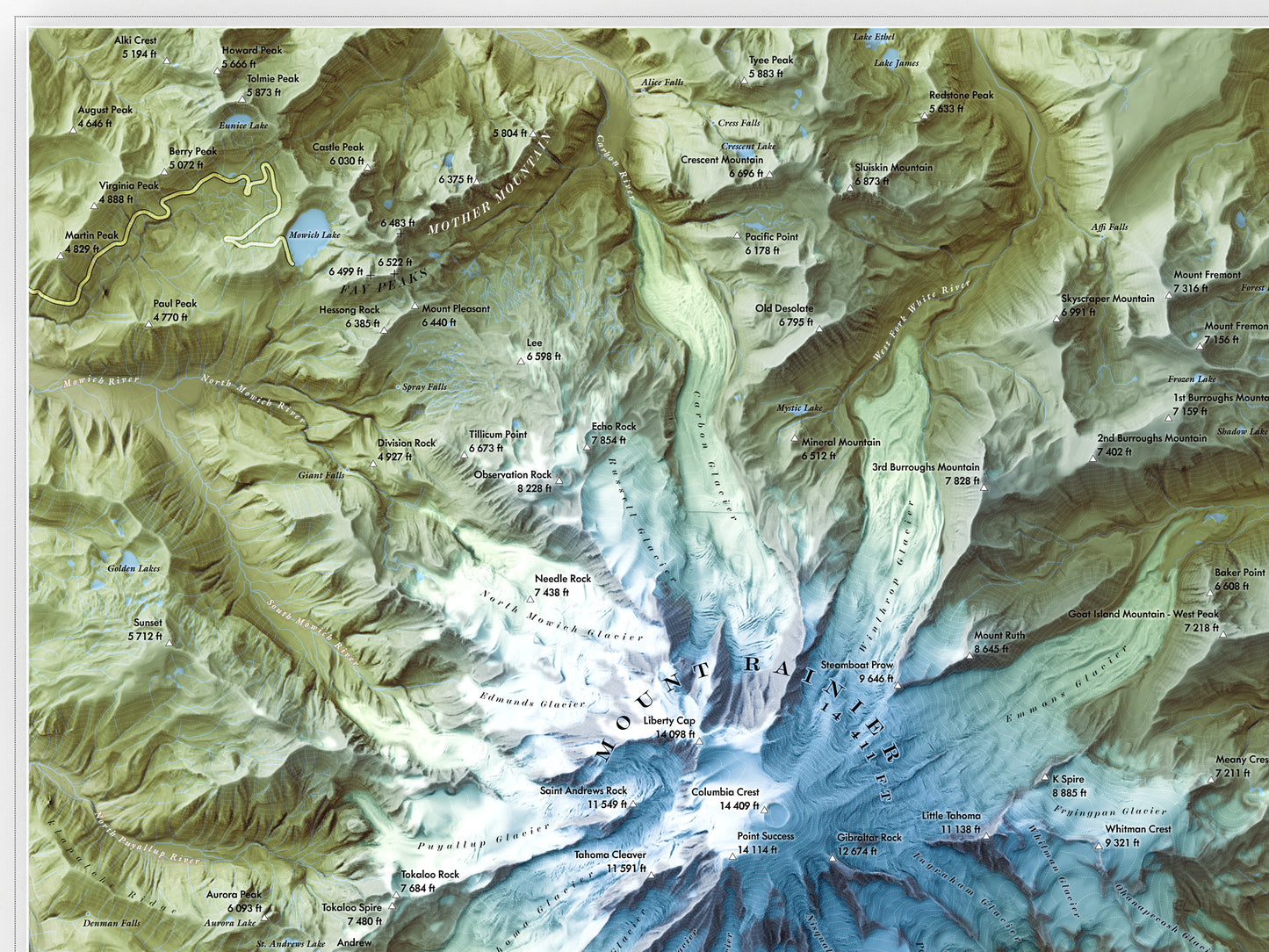 Mount Rainier Map Print – 24x18” Shaded Relief