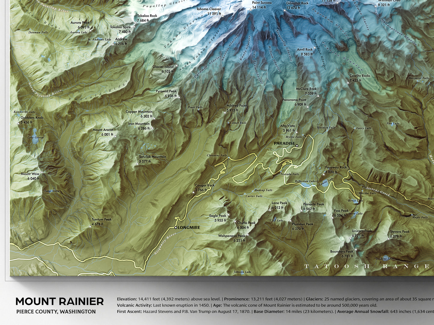 Mount Rainier Map Print – 24x18” Shaded Relief