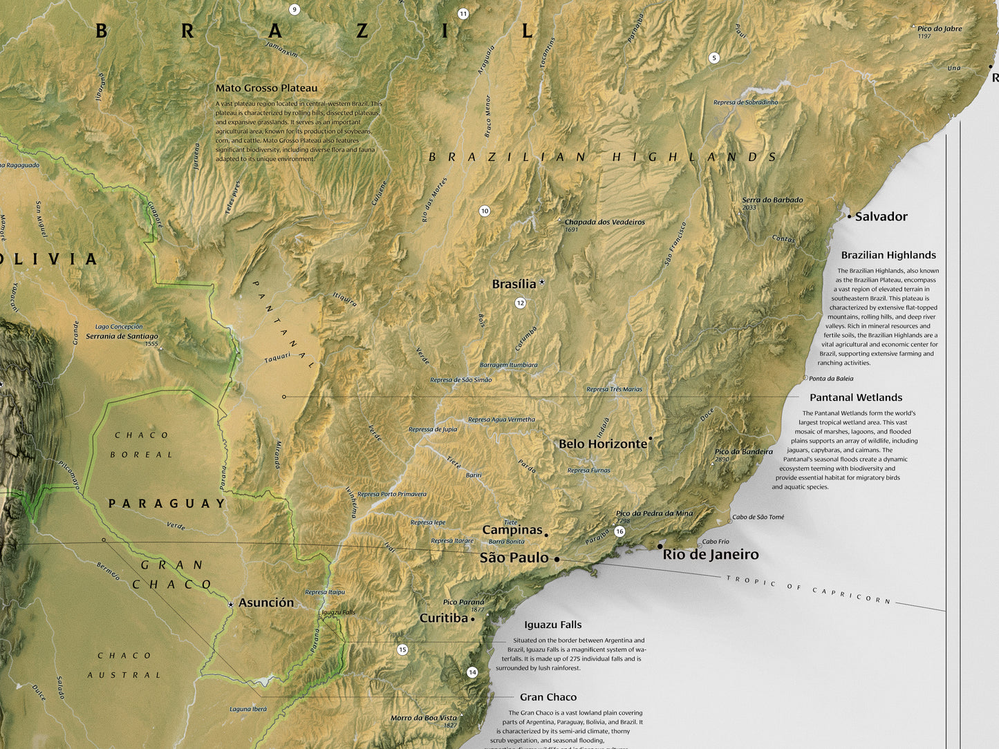 South America physical features map (24x36")
