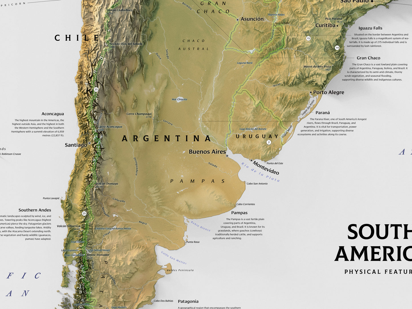 South America physical features map (24x36")