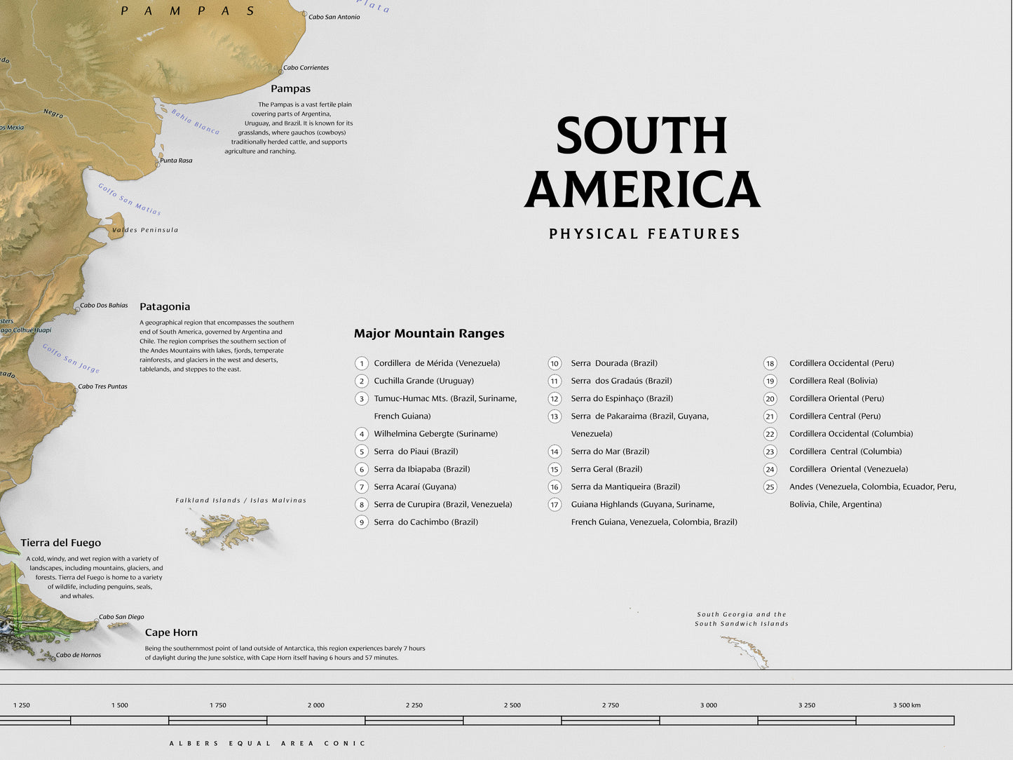 South America physical features map (24x36")