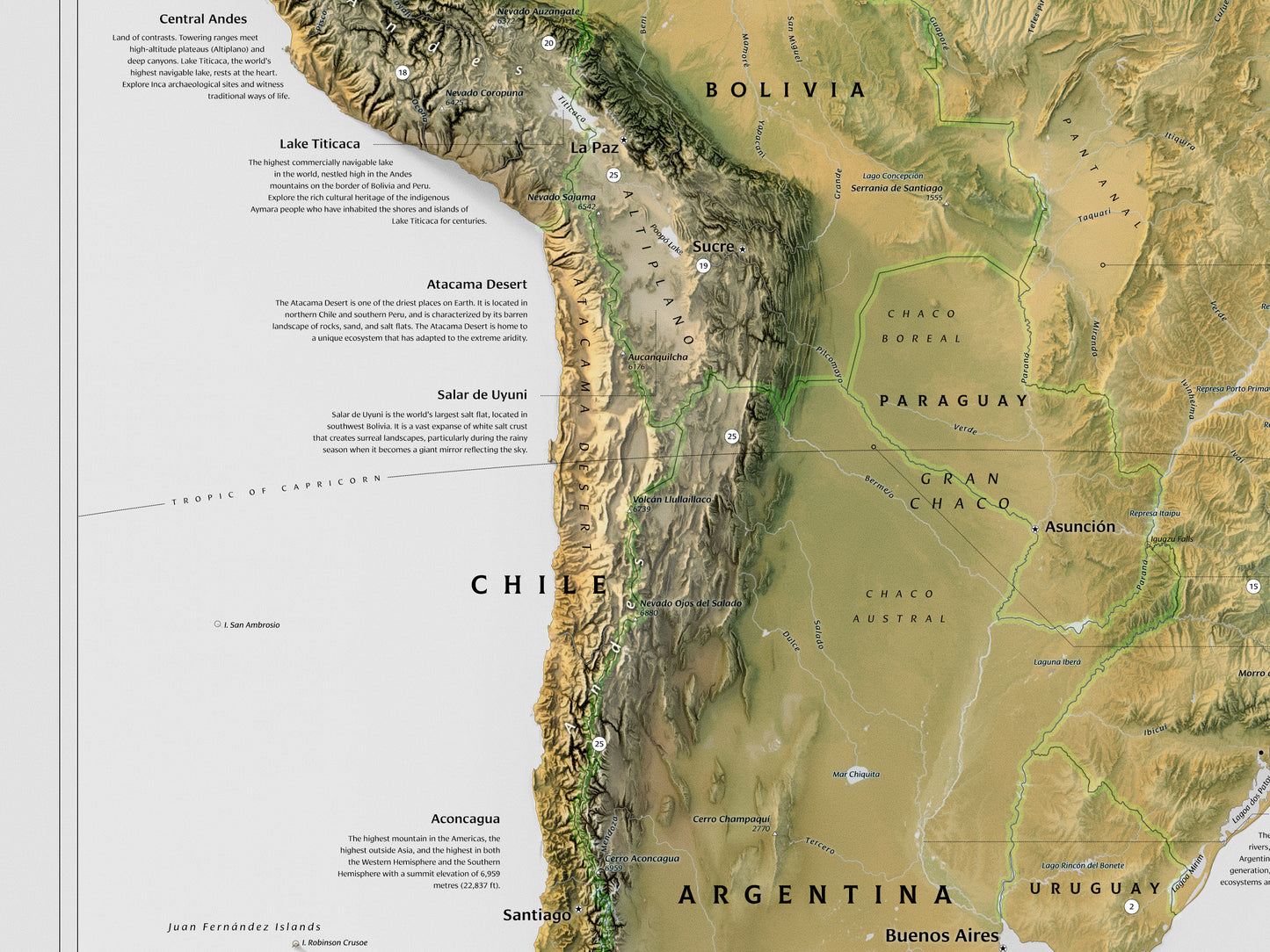 South America physical features map (24x36")