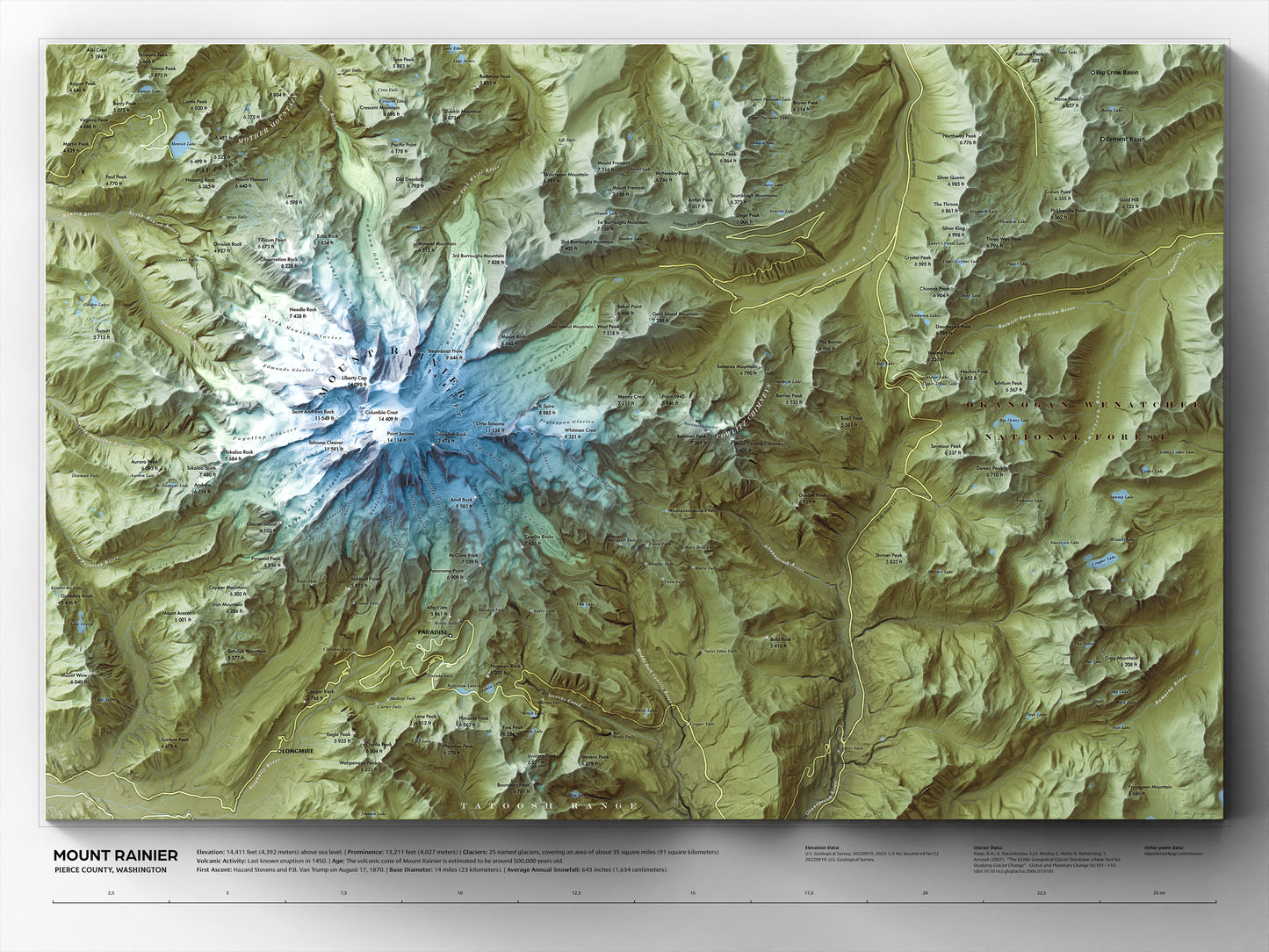 Mount Rainier Map Print – 24x18” Shaded Relief