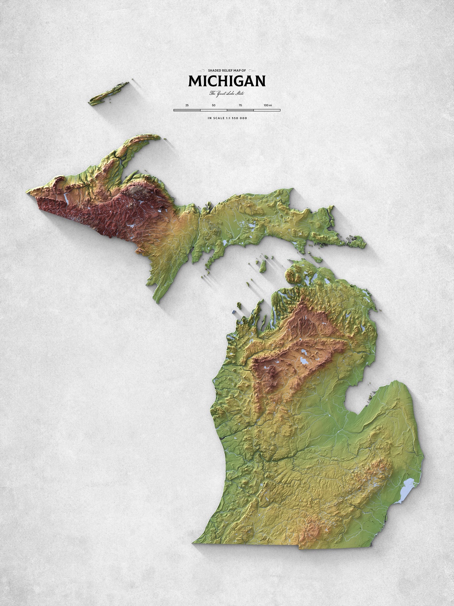 Shaded relief map of Michigan (18x24")