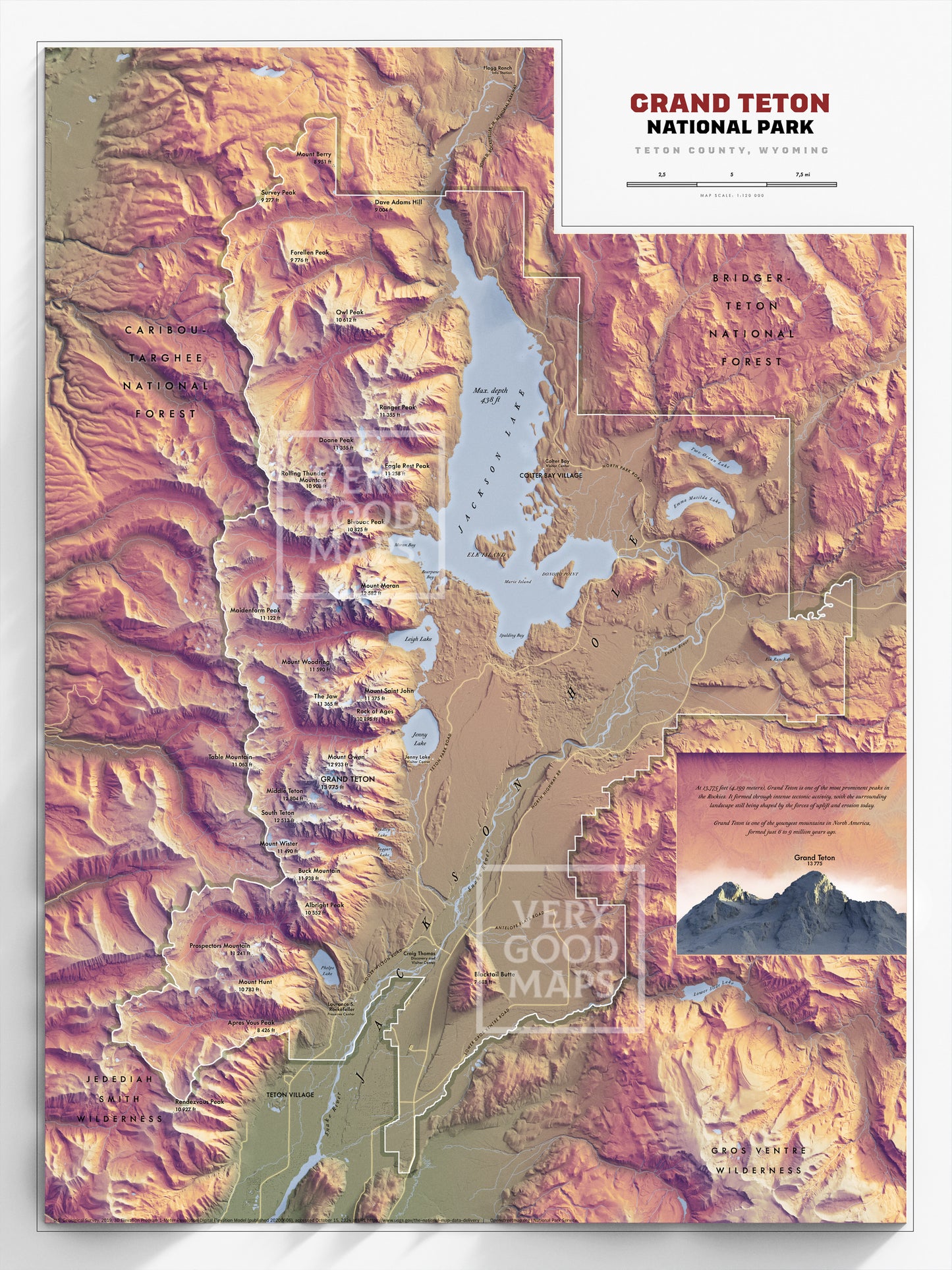 Grand Teton Map Print – 18x24” Shaded Relief