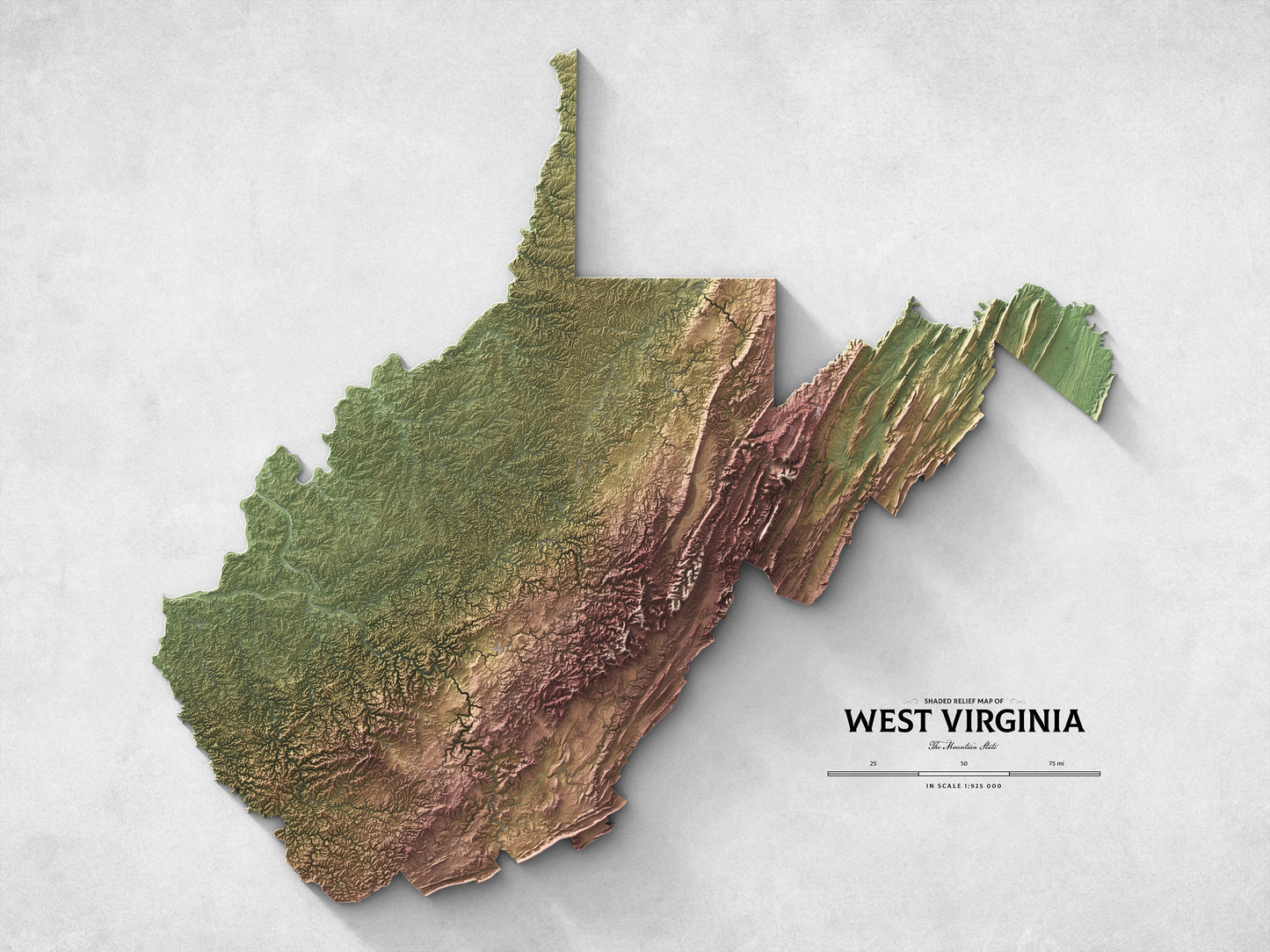West Virginia - Shaded Relief Map (24x18")