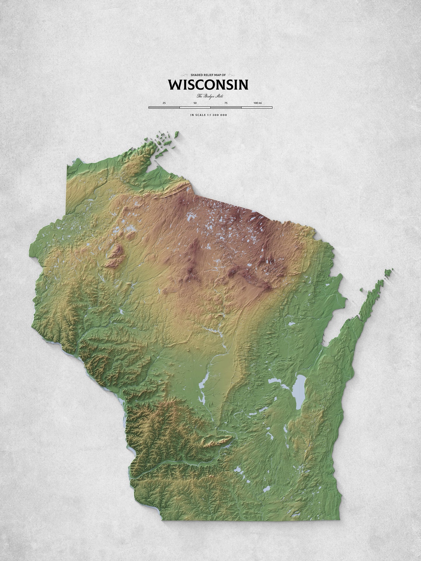 Wisconsin - Shaded Relief Map (18x24")