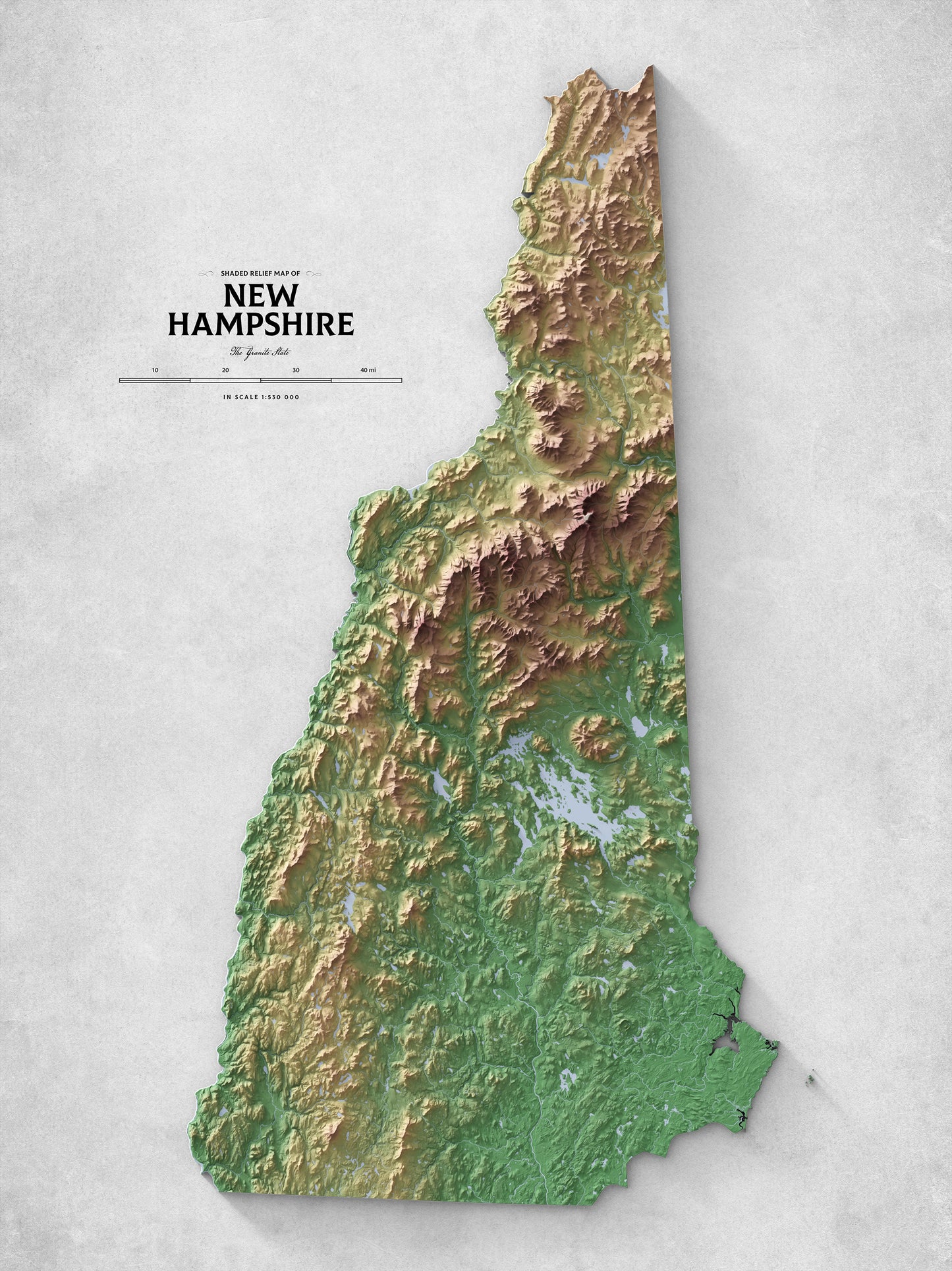New Hampshire - Shaded Relief Map (18x24")