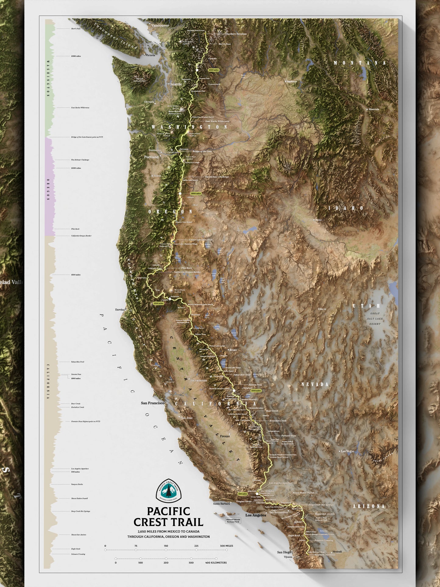Pacific Crest Trail Map Print – 24x36” Shaded Relief