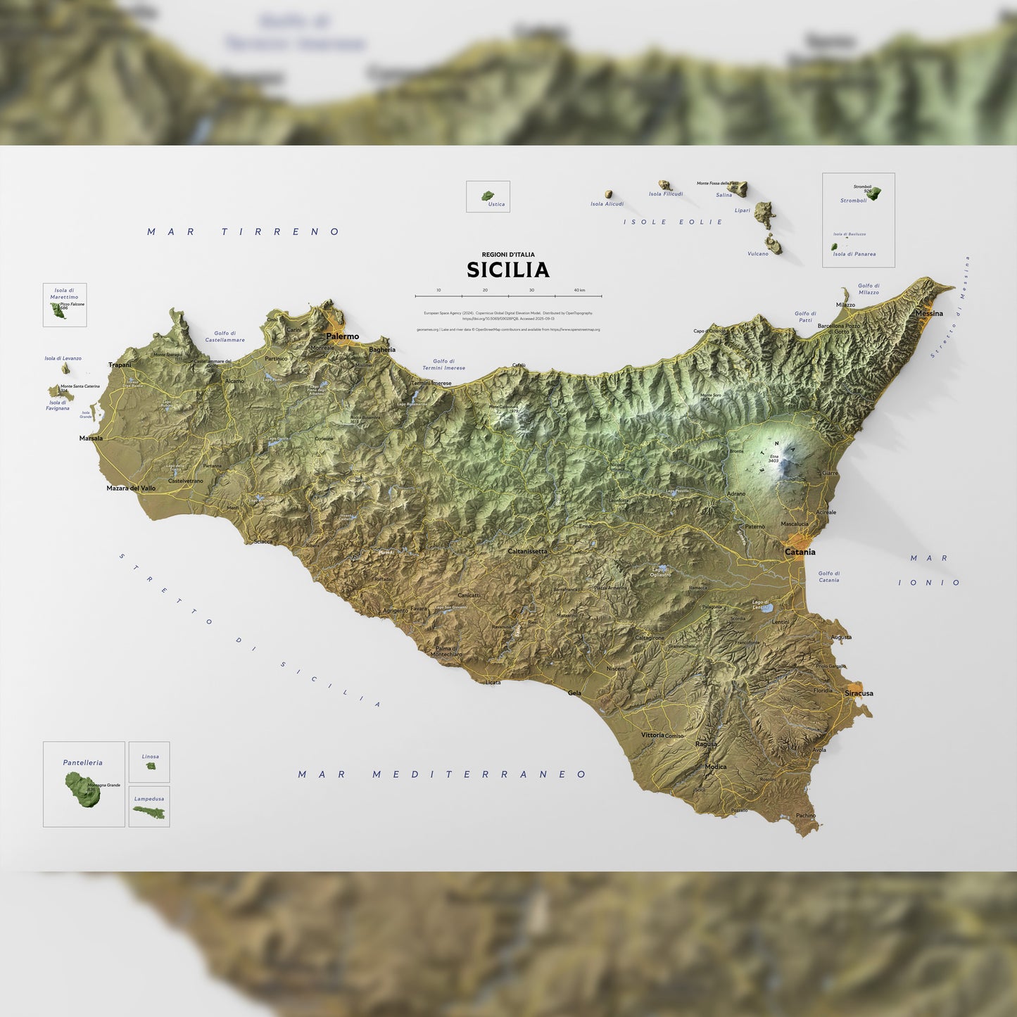 Shaded relief map of Sicily