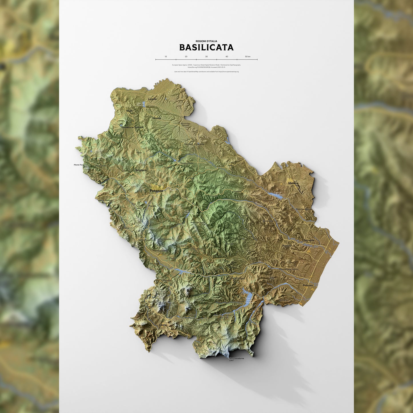 Shaded relief map of Basilicata