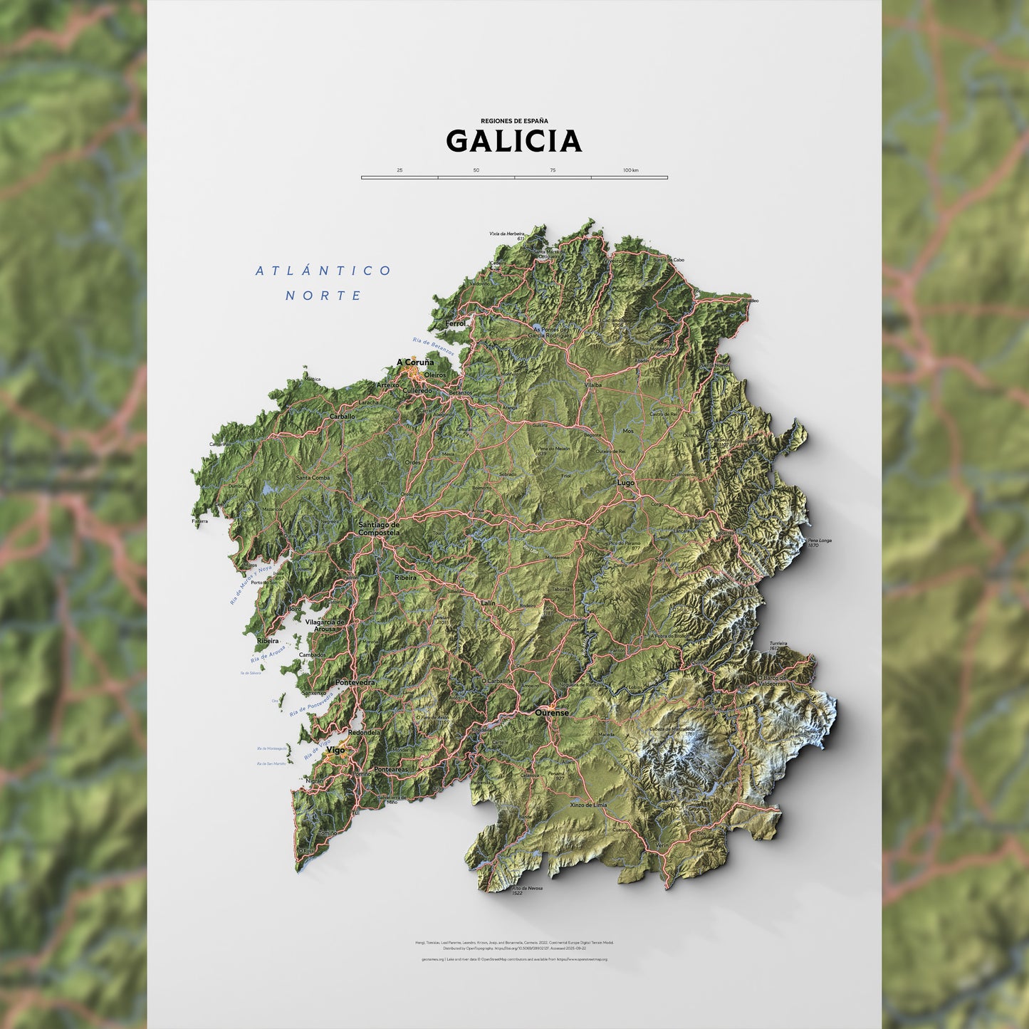 Shaded relief map of Galicia