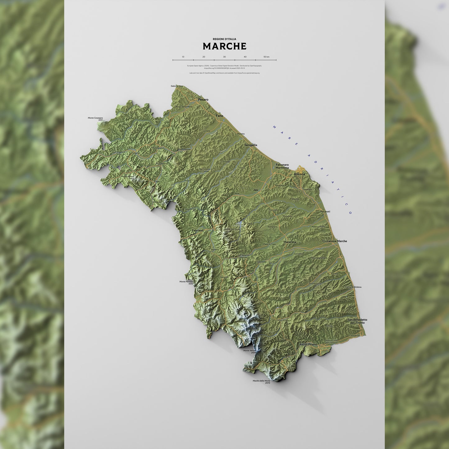 Shaded relief map of Marche