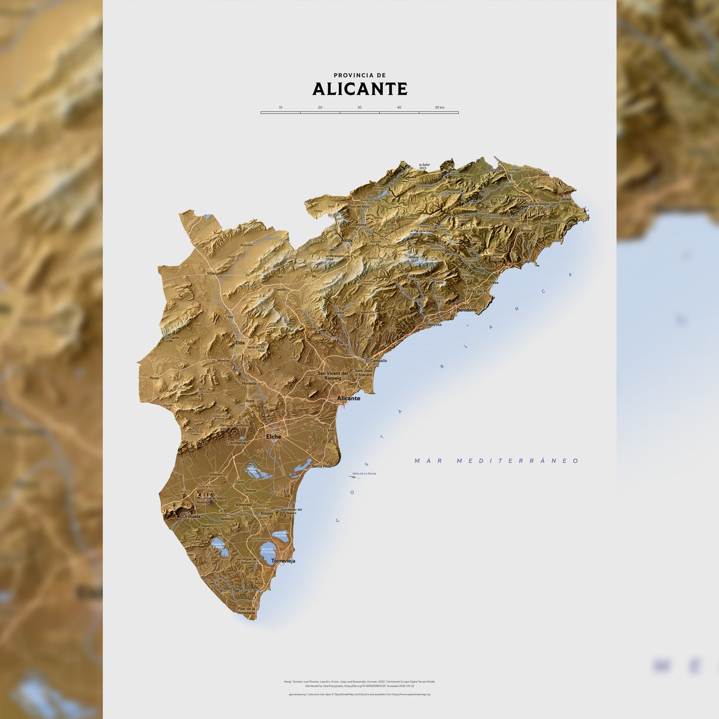 Shaded relief map of Alicante, Spain (50x70 cm)
