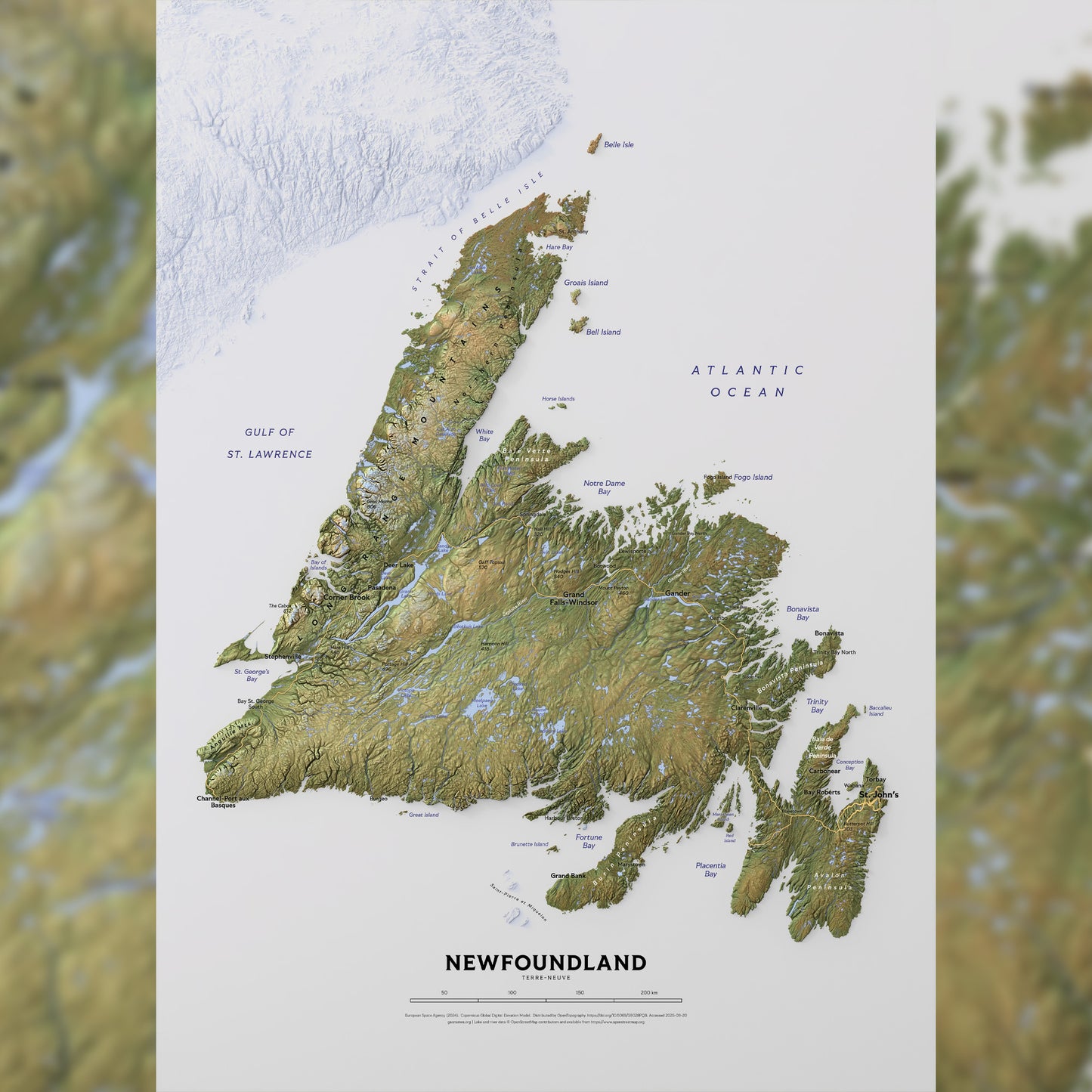 Shaded relief map of Newfoundland Island