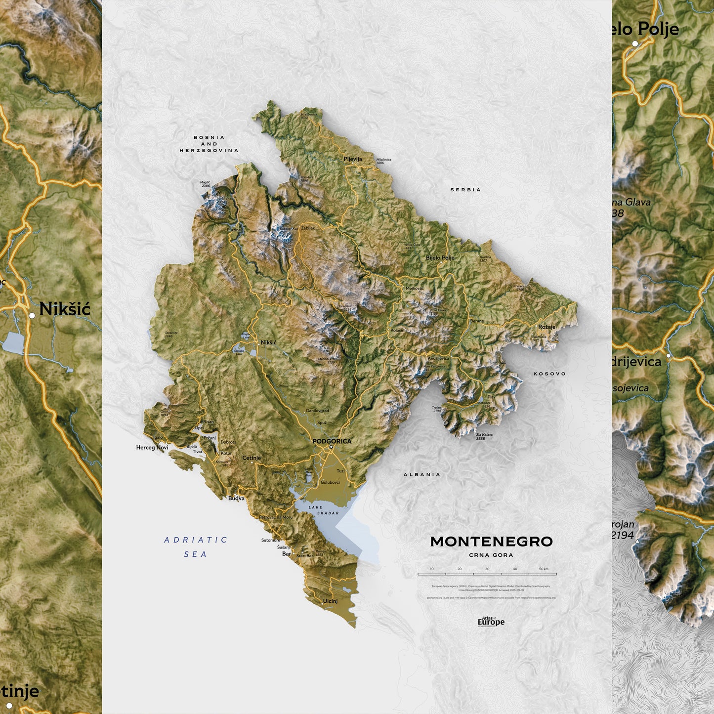 Shaded relief map of Montenegro (50x70 cm)