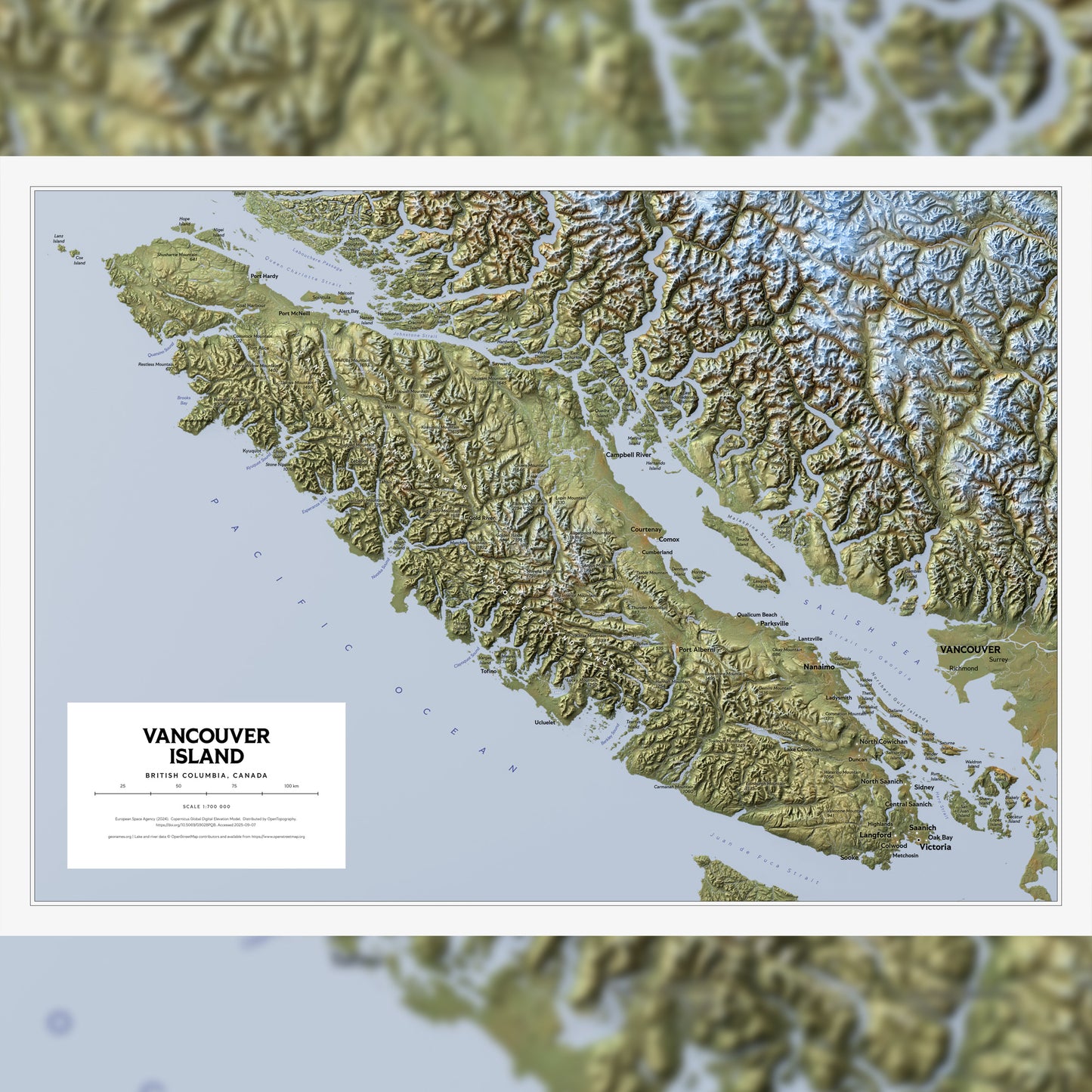 Shaded relief map of Vancouver Island (70x50 cm)