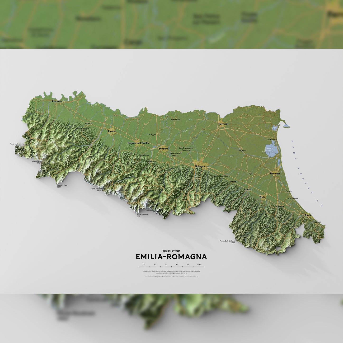 Shaded relief map of Emilia-Romagna