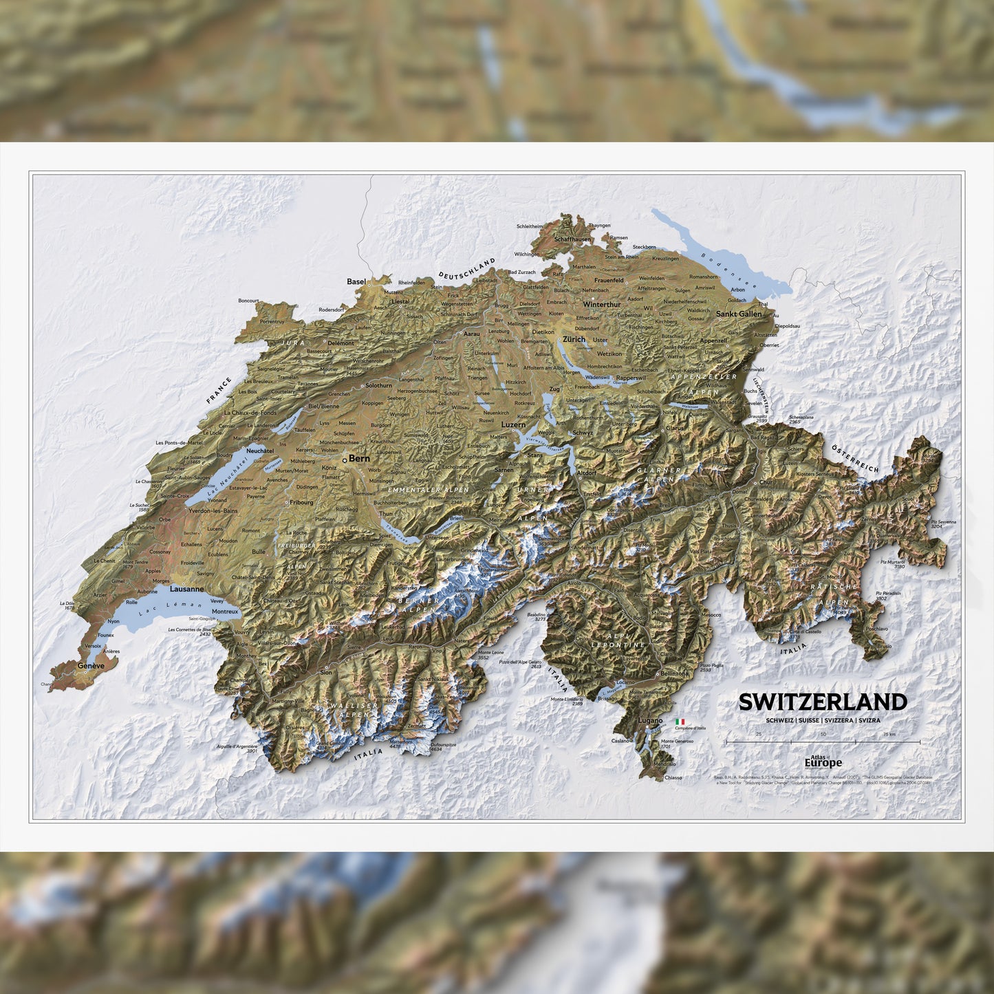 Shaded relief map of Switzerland (70x50 cm)