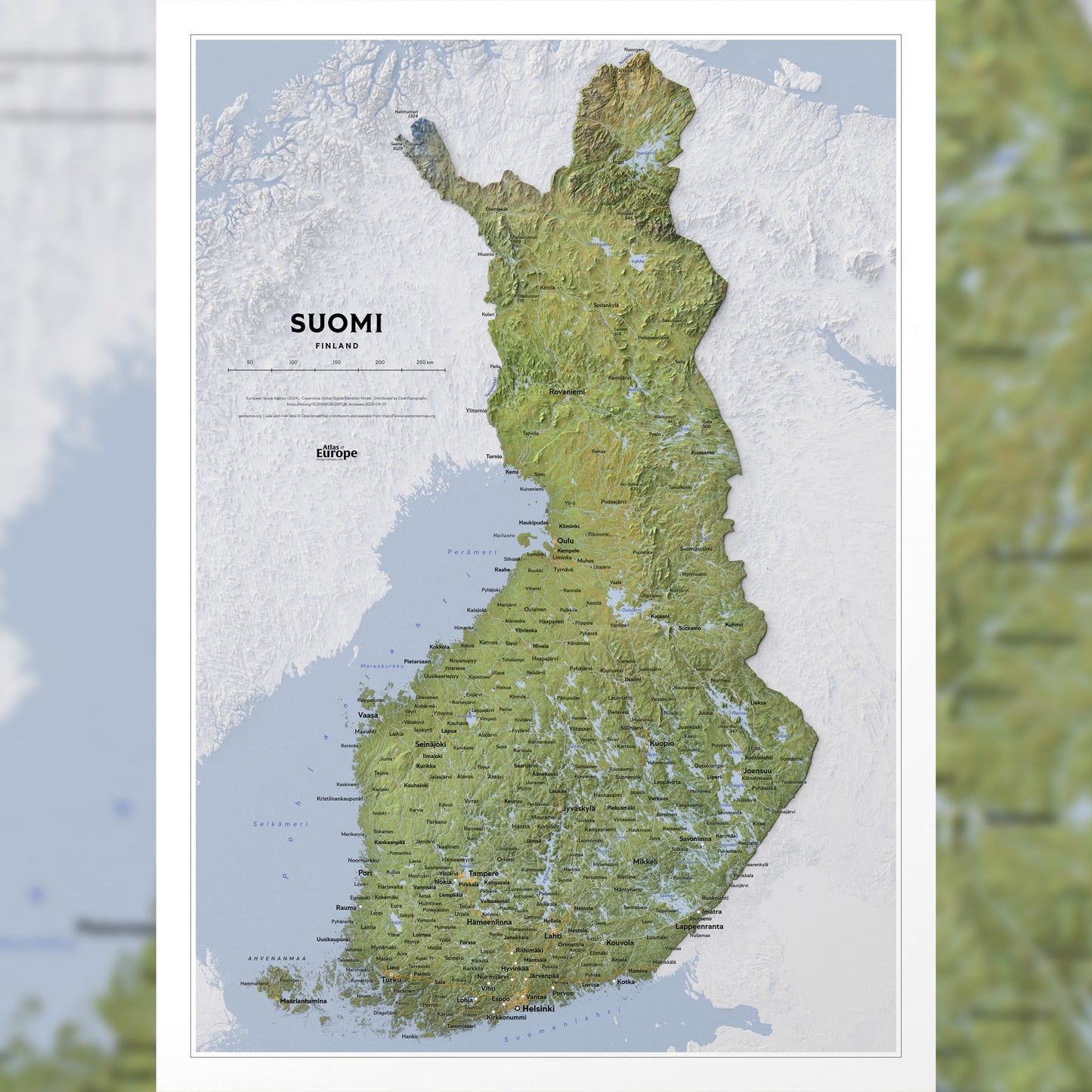 Shaded relief map of Finland