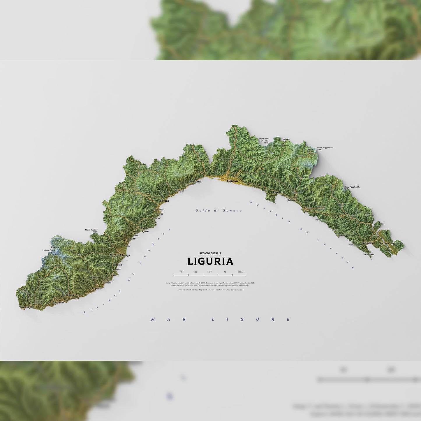 Shaded relief map of Liguria