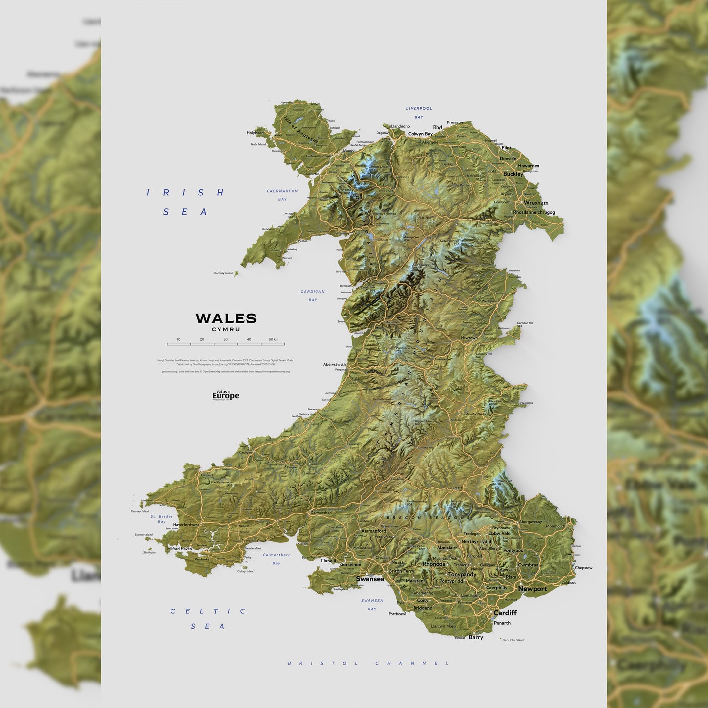 Shaded relief map of Wales (50x70 cm)