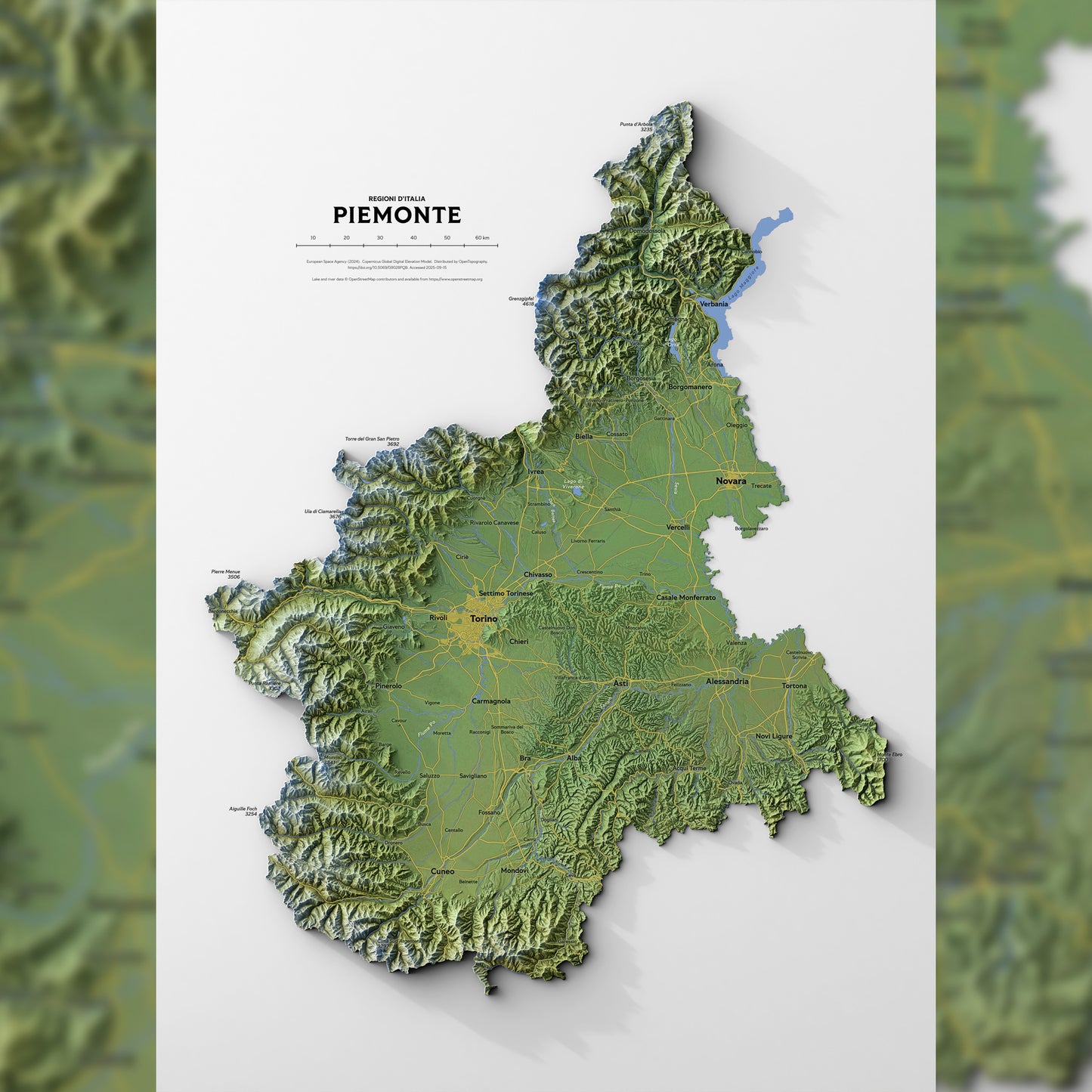 Shaded relief map of Piemonte