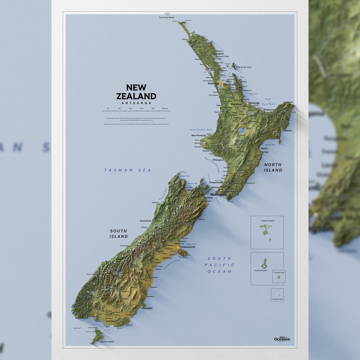 Shaded relief map of New Zealand (50x70 cm)