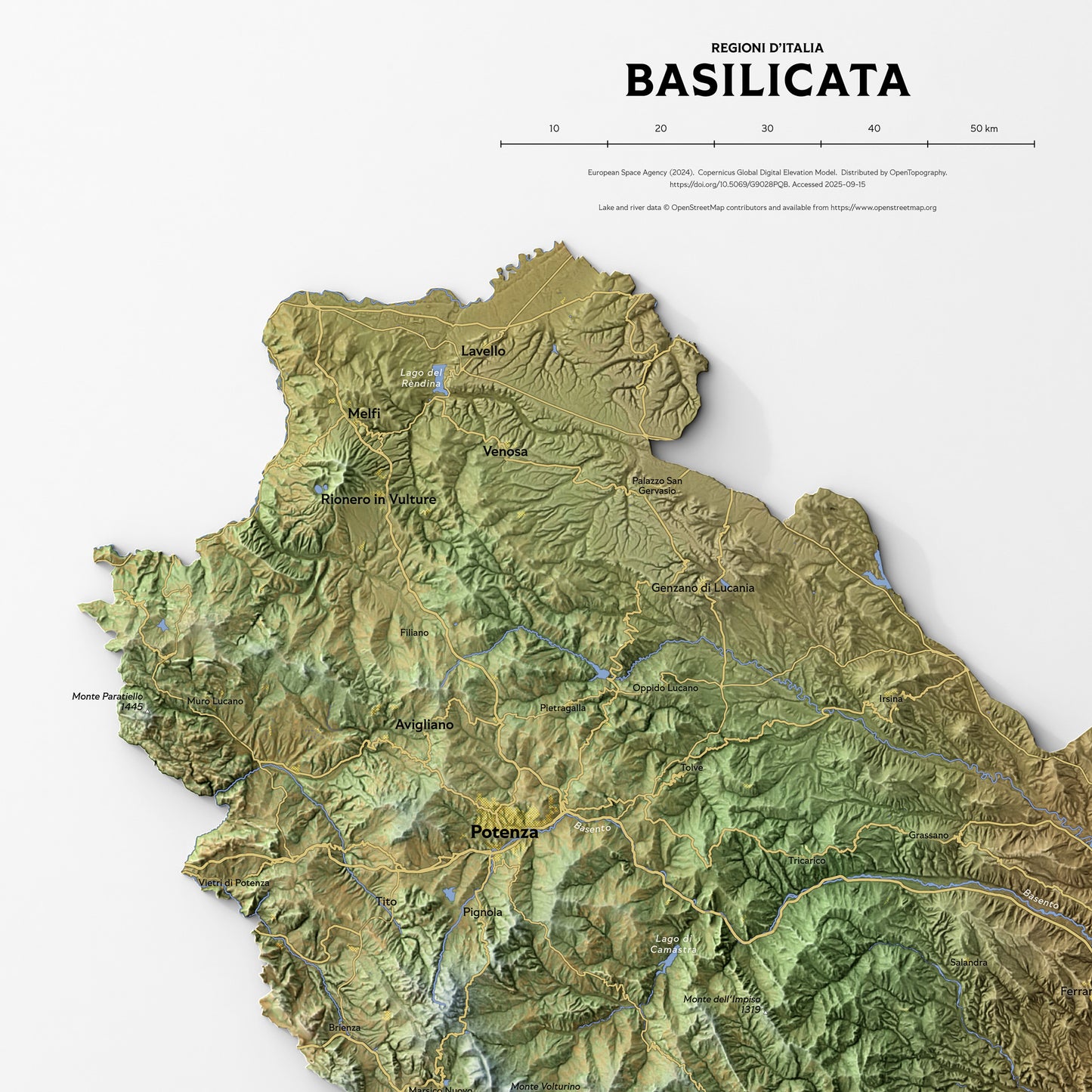 Shaded relief map of Basilicata