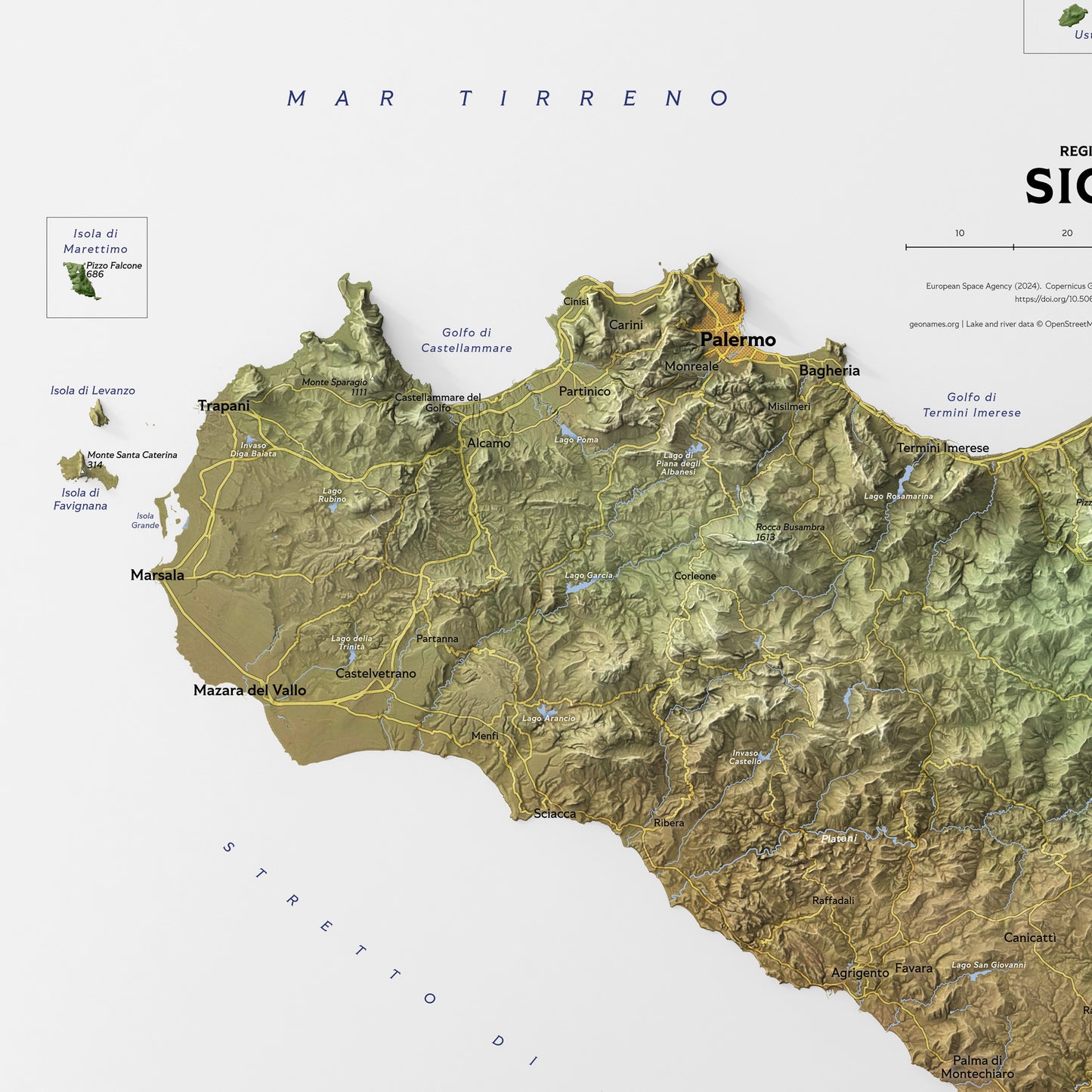 Shaded relief map of Sicily