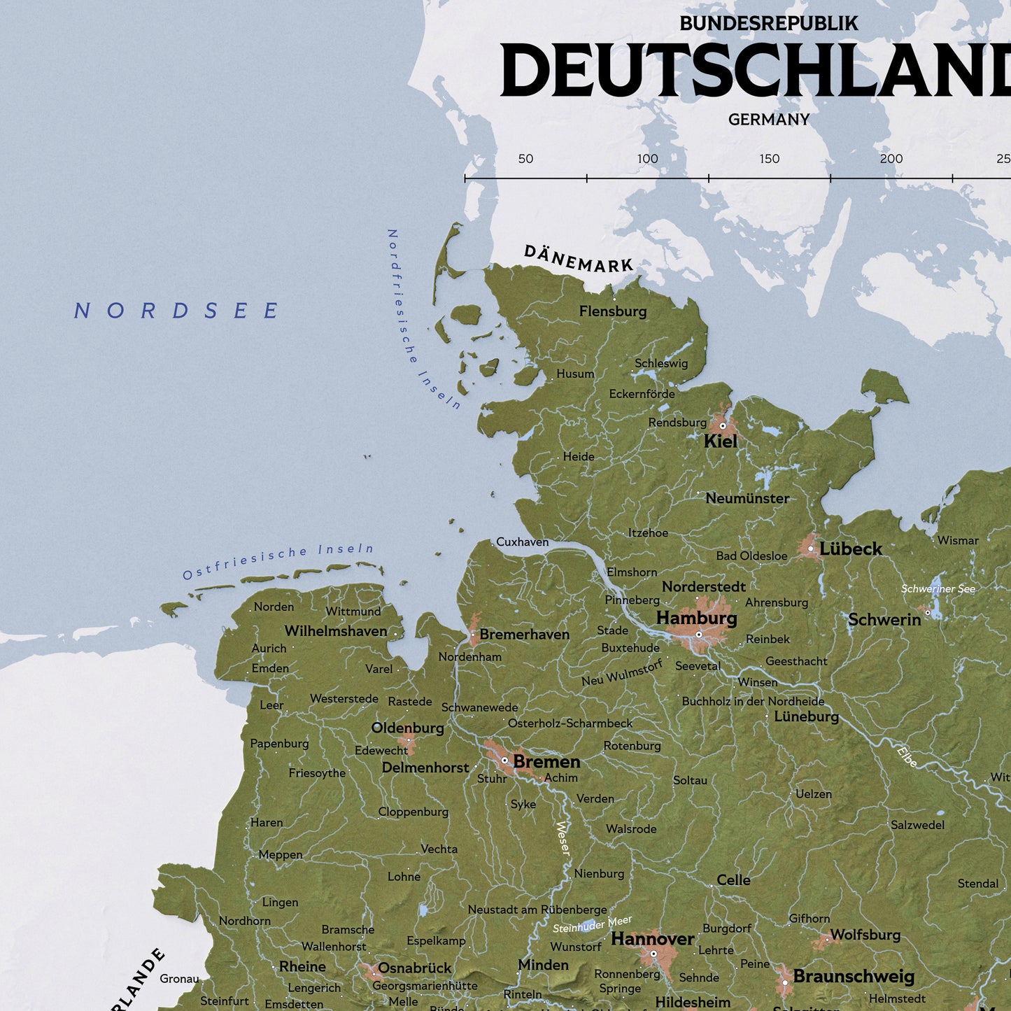 Shaded Relief Map of Germany (50x70cm)