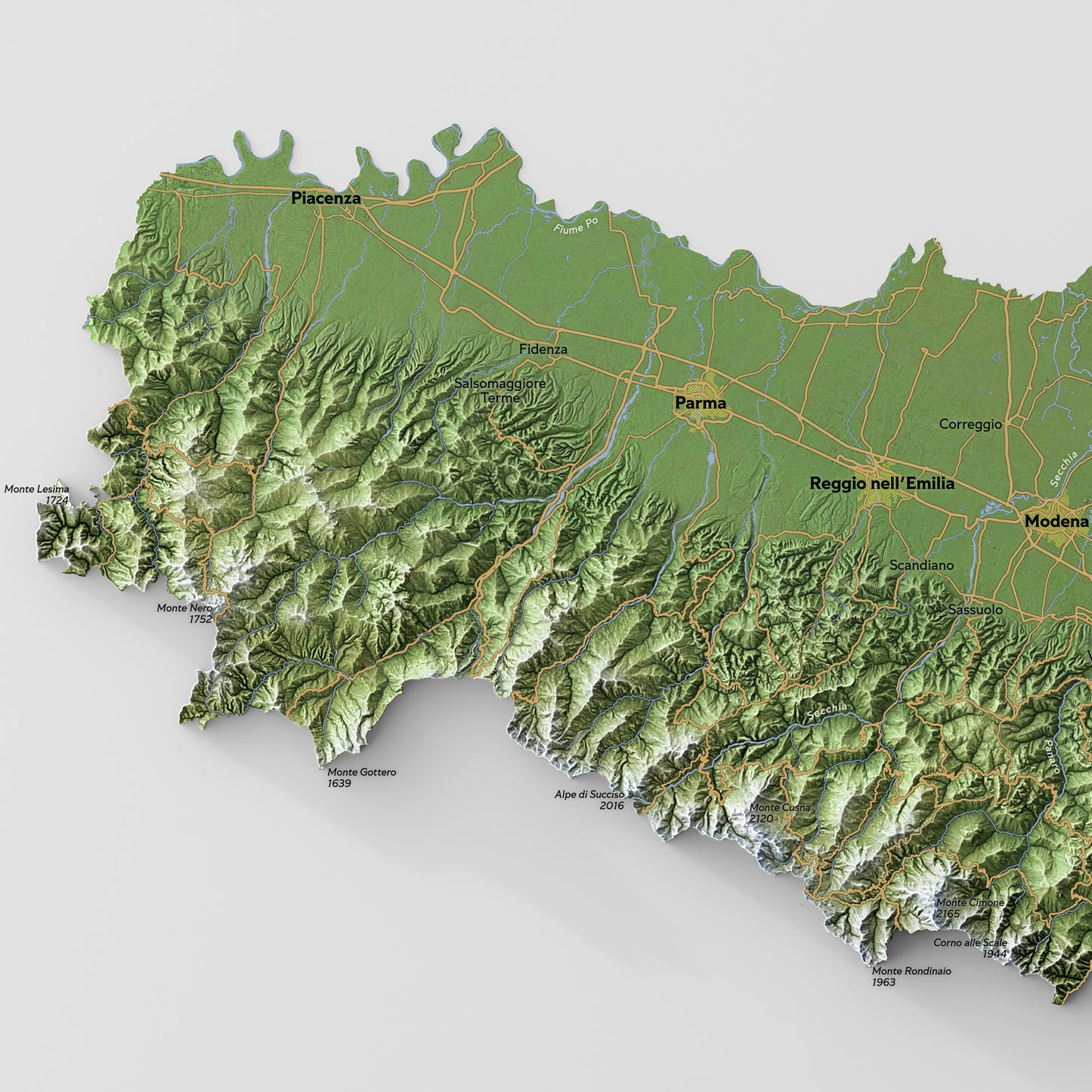 Shaded relief map of Emilia-Romagna