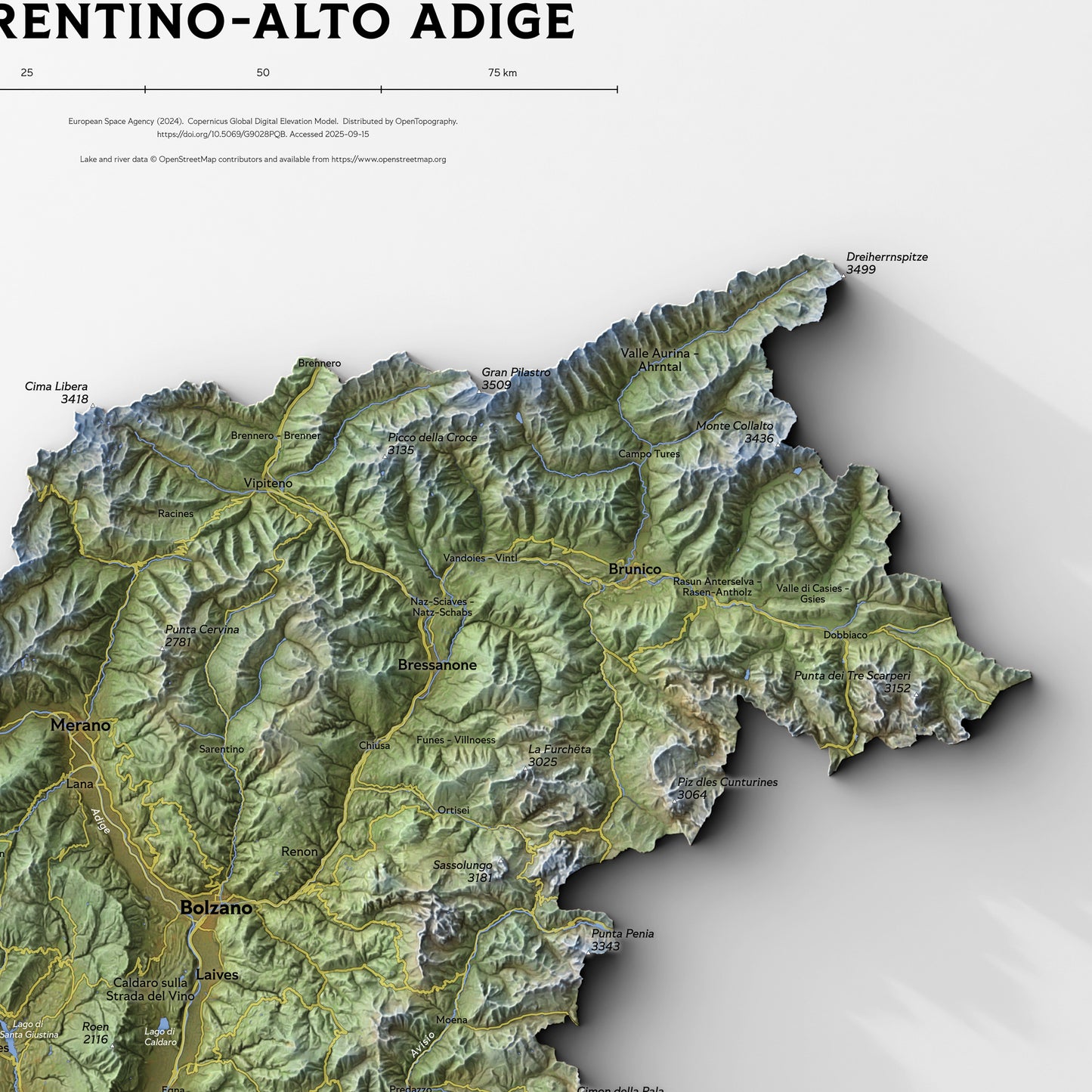 Shaded relief map of Trentino-Alto Adige