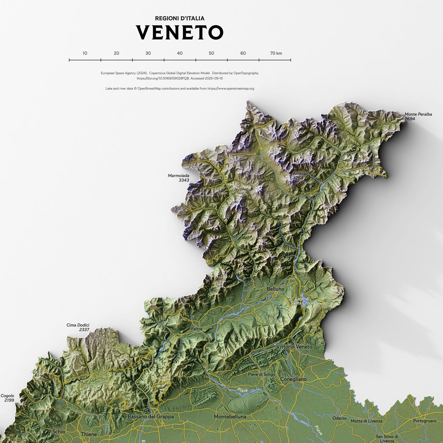 Shaded relief map of Veneto