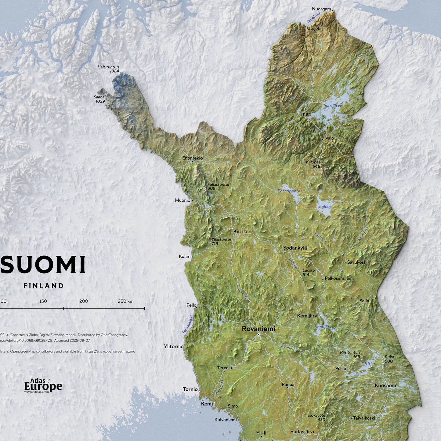Shaded relief map of Finland