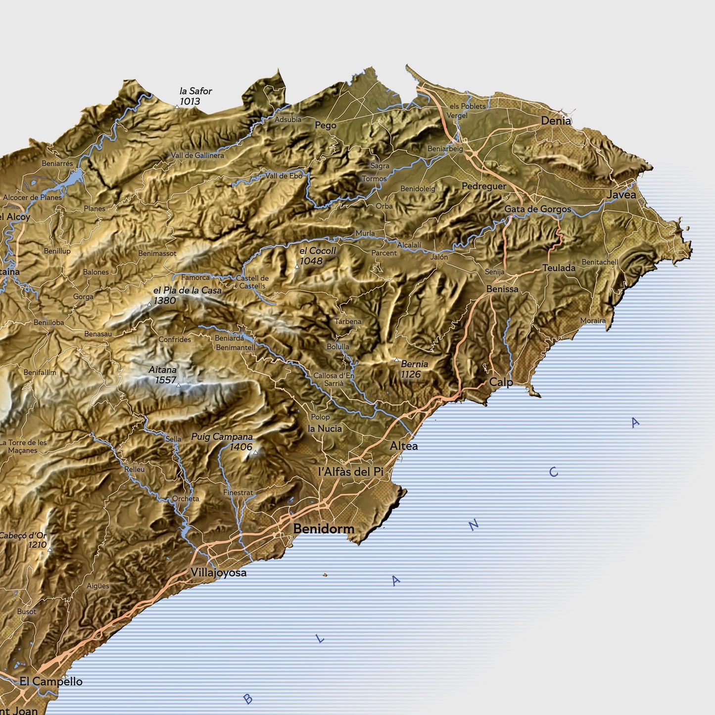 Shaded relief map of Alicante, Spain (50x70 cm)