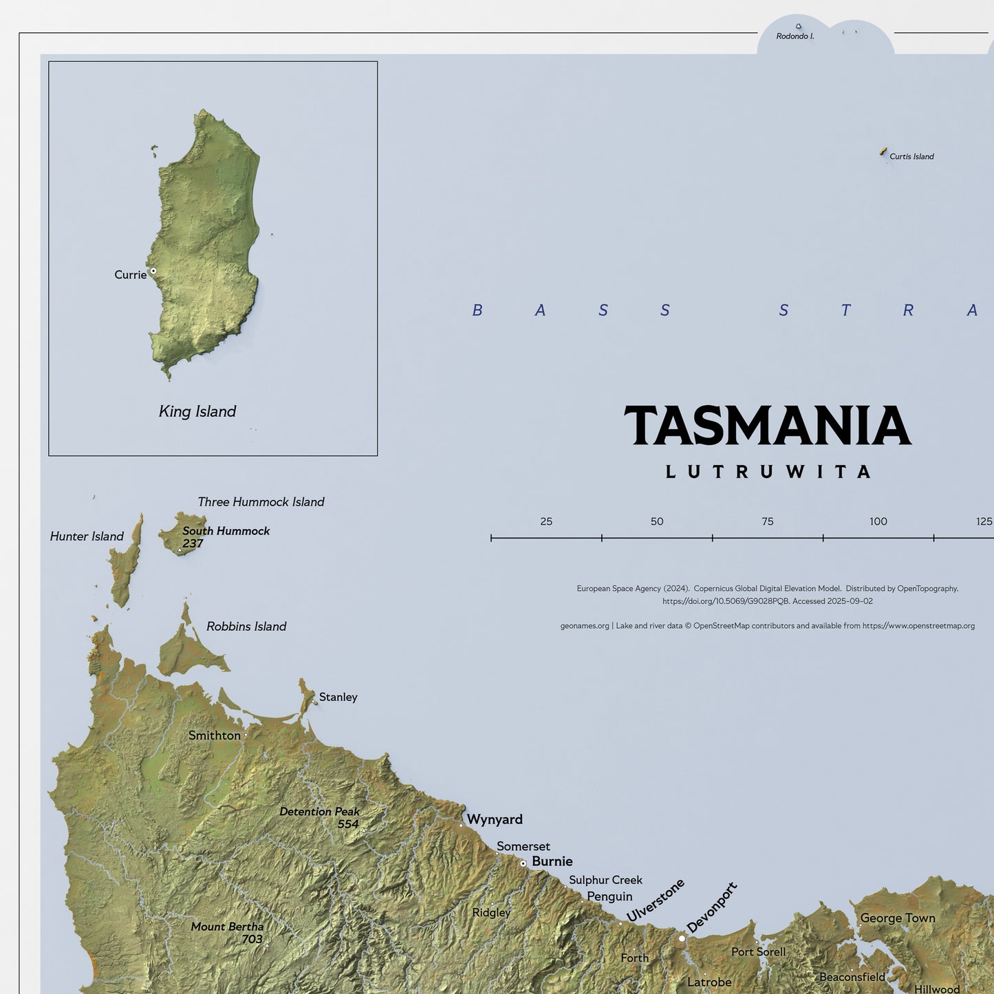 Shaded relief map of Tasmania (50x70 cm)