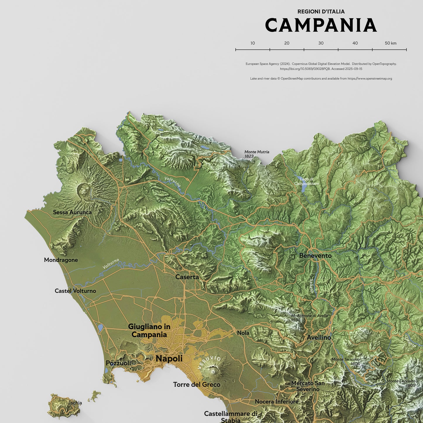 Shaded relief map of Campania