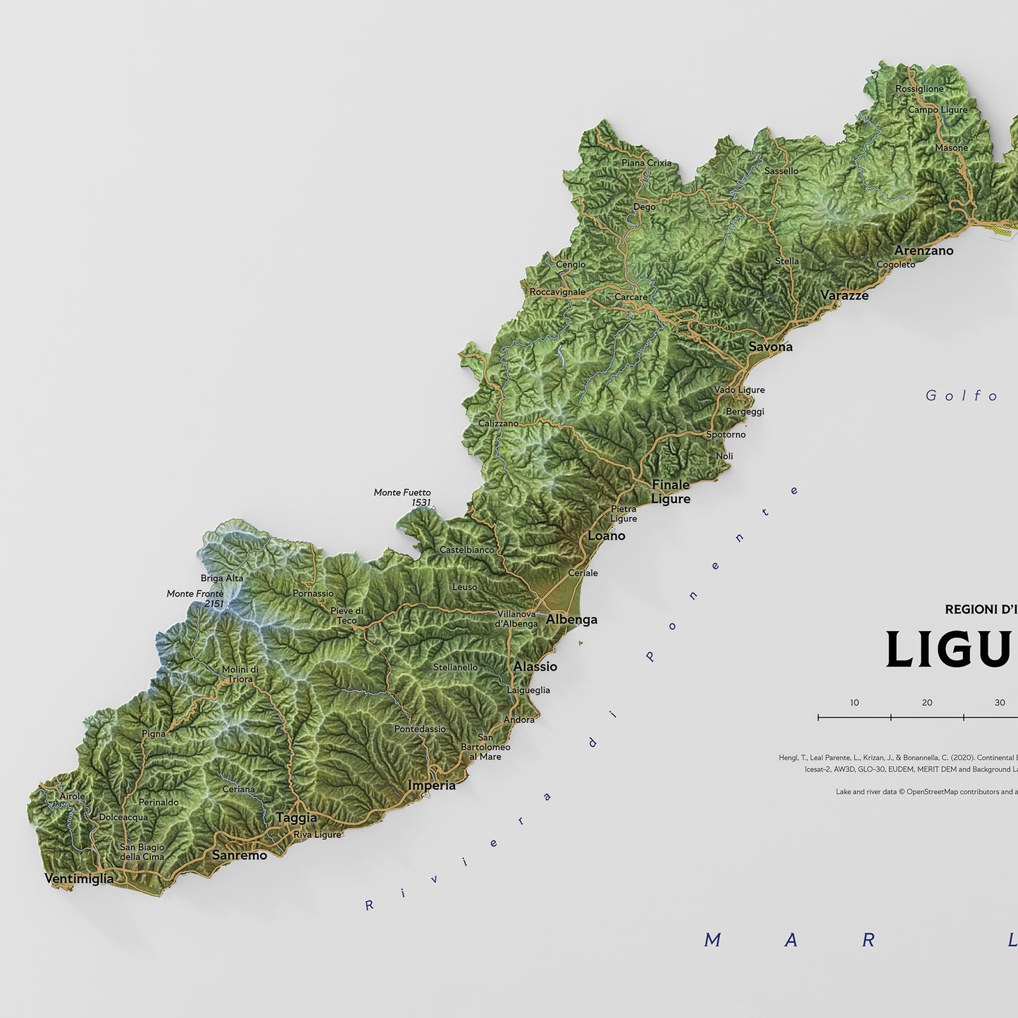Shaded relief map of Liguria