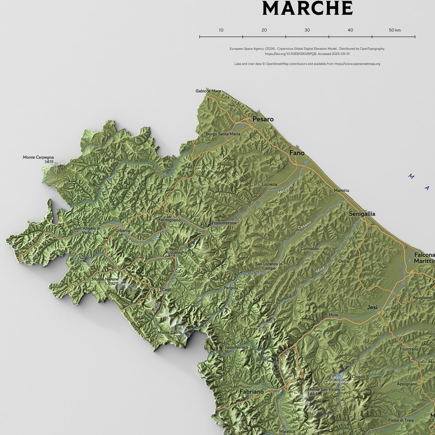 Shaded relief map of Marche