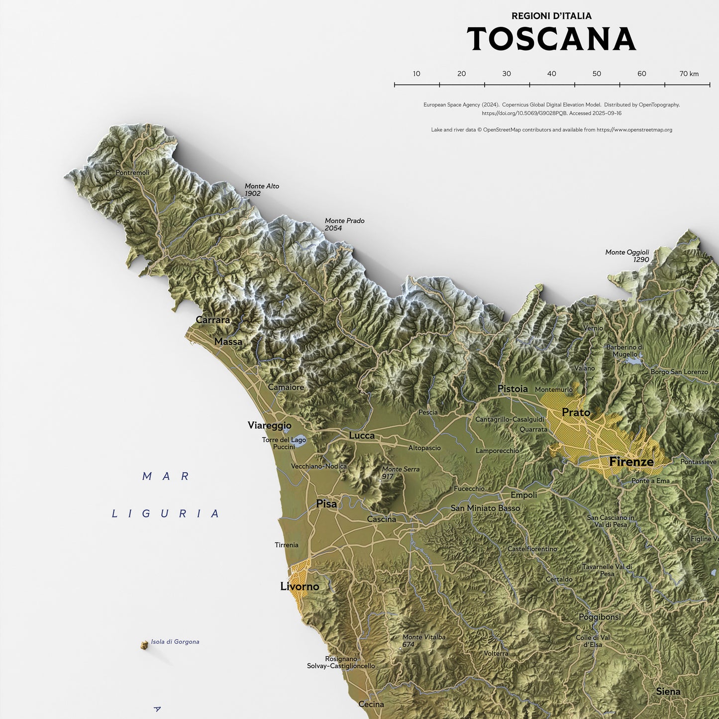 Shaded relief map of Toscana