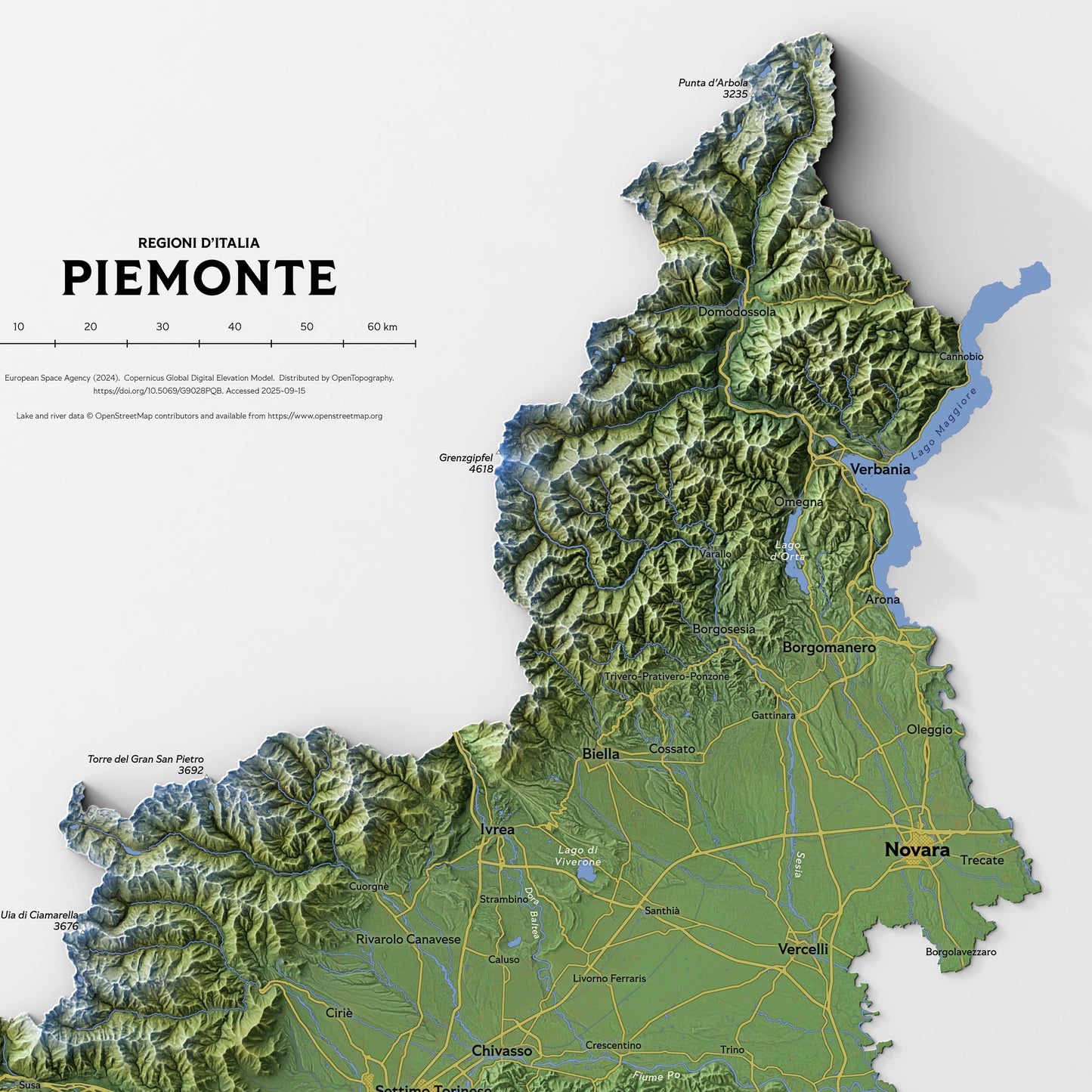Shaded relief map of Piemonte