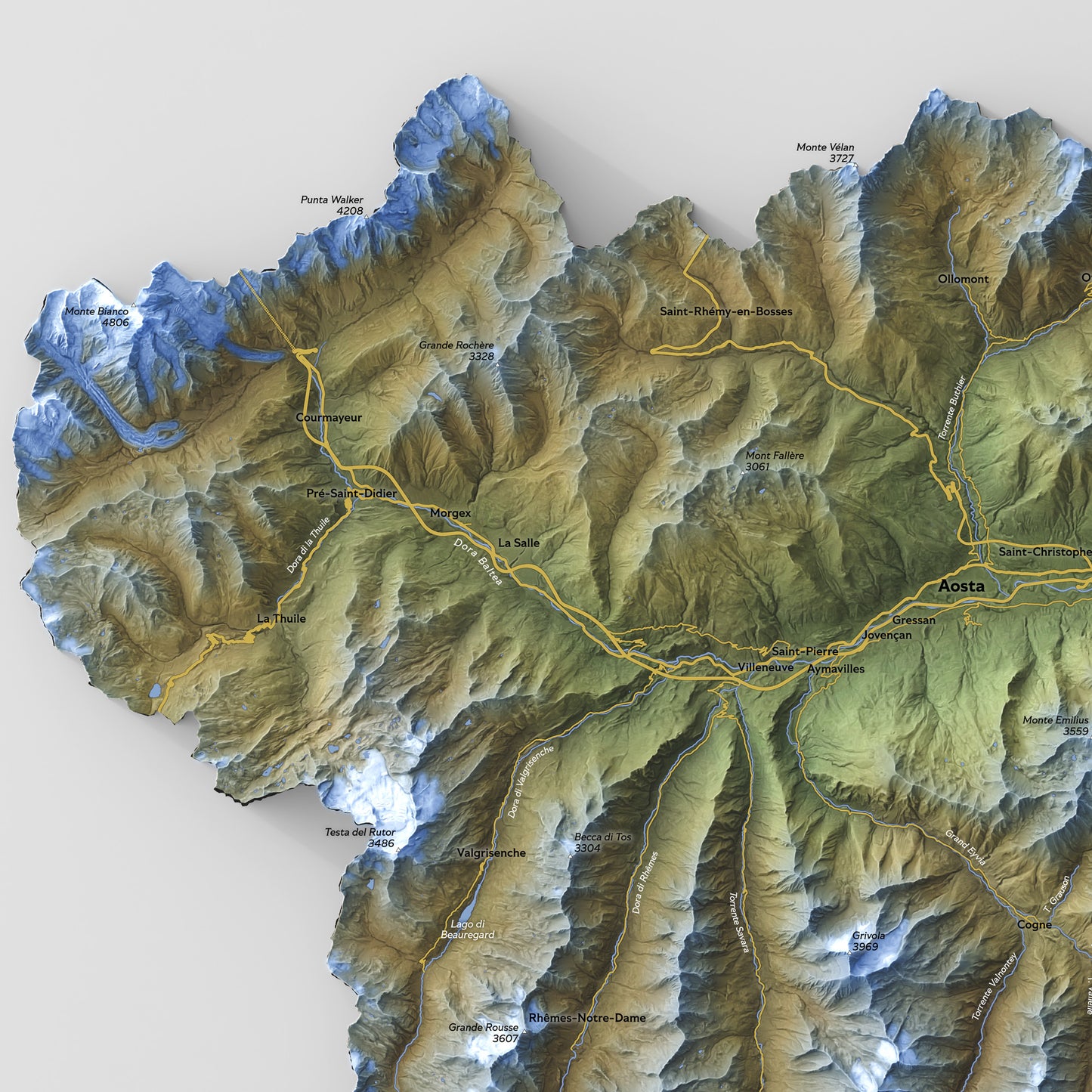 Shaded relief map of Aosta