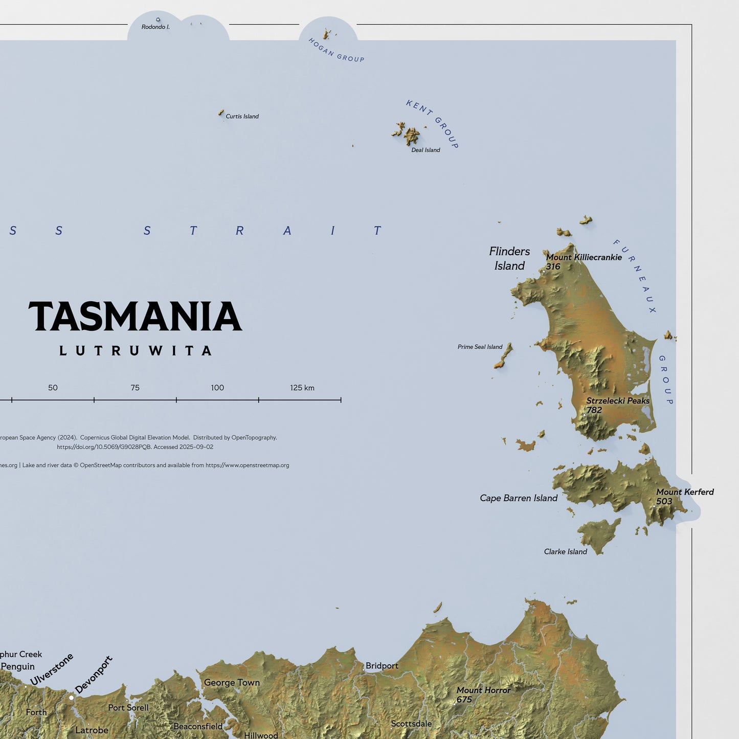 Shaded relief map of Tasmania (50x70 cm)
