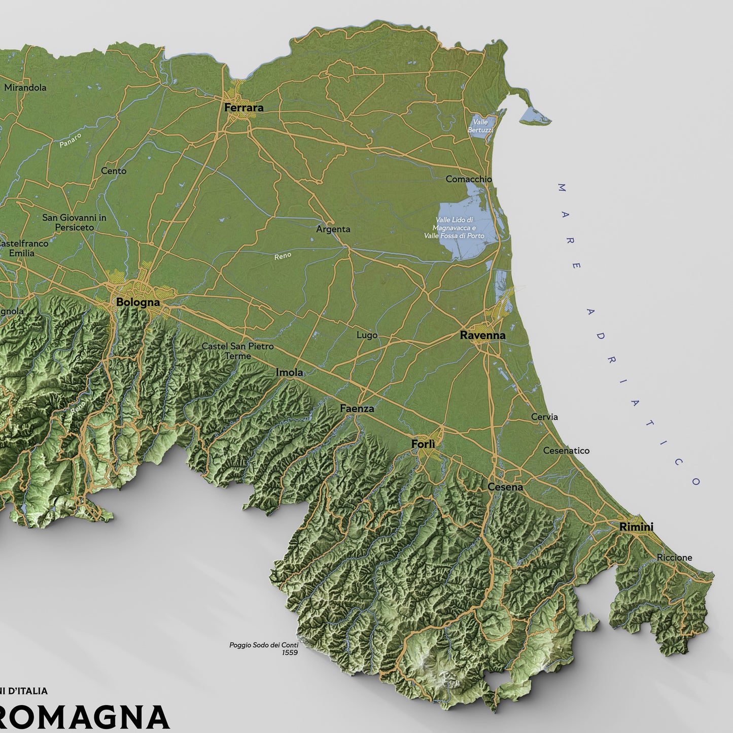 Shaded relief map of Emilia-Romagna