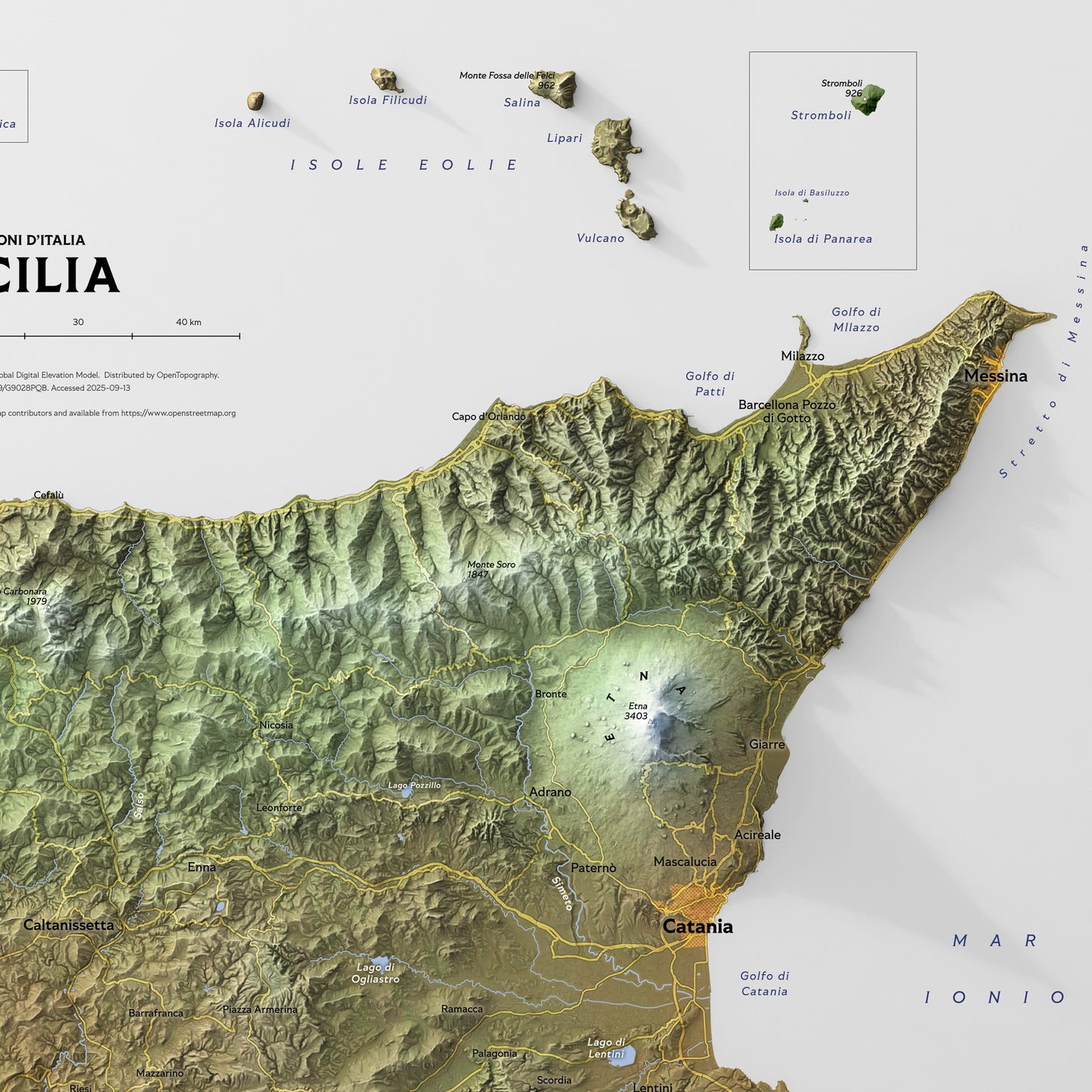 Shaded relief map of Sicily
