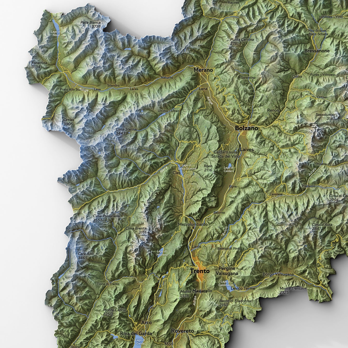 Shaded relief map of Trentino-Alto Adige