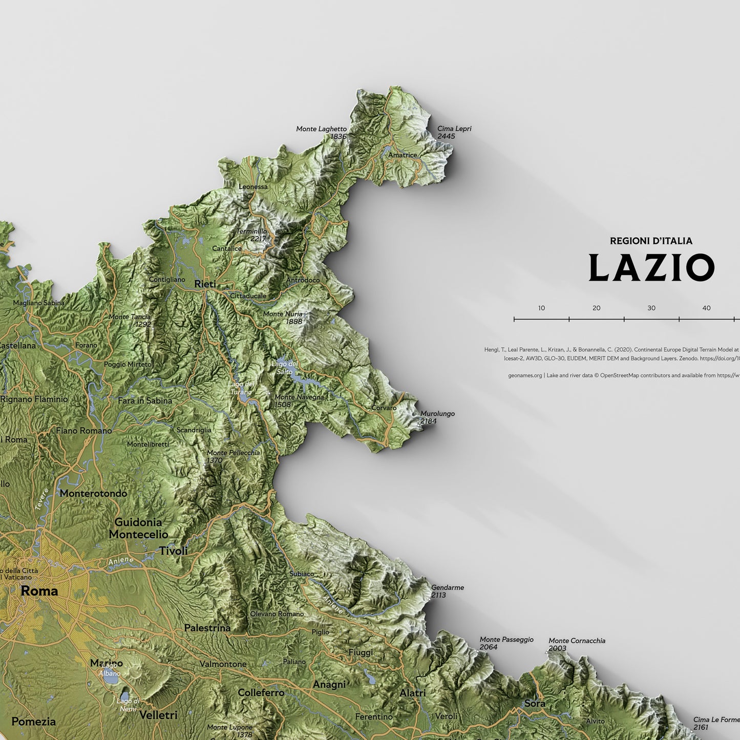 Shaded relief map of Lazio
