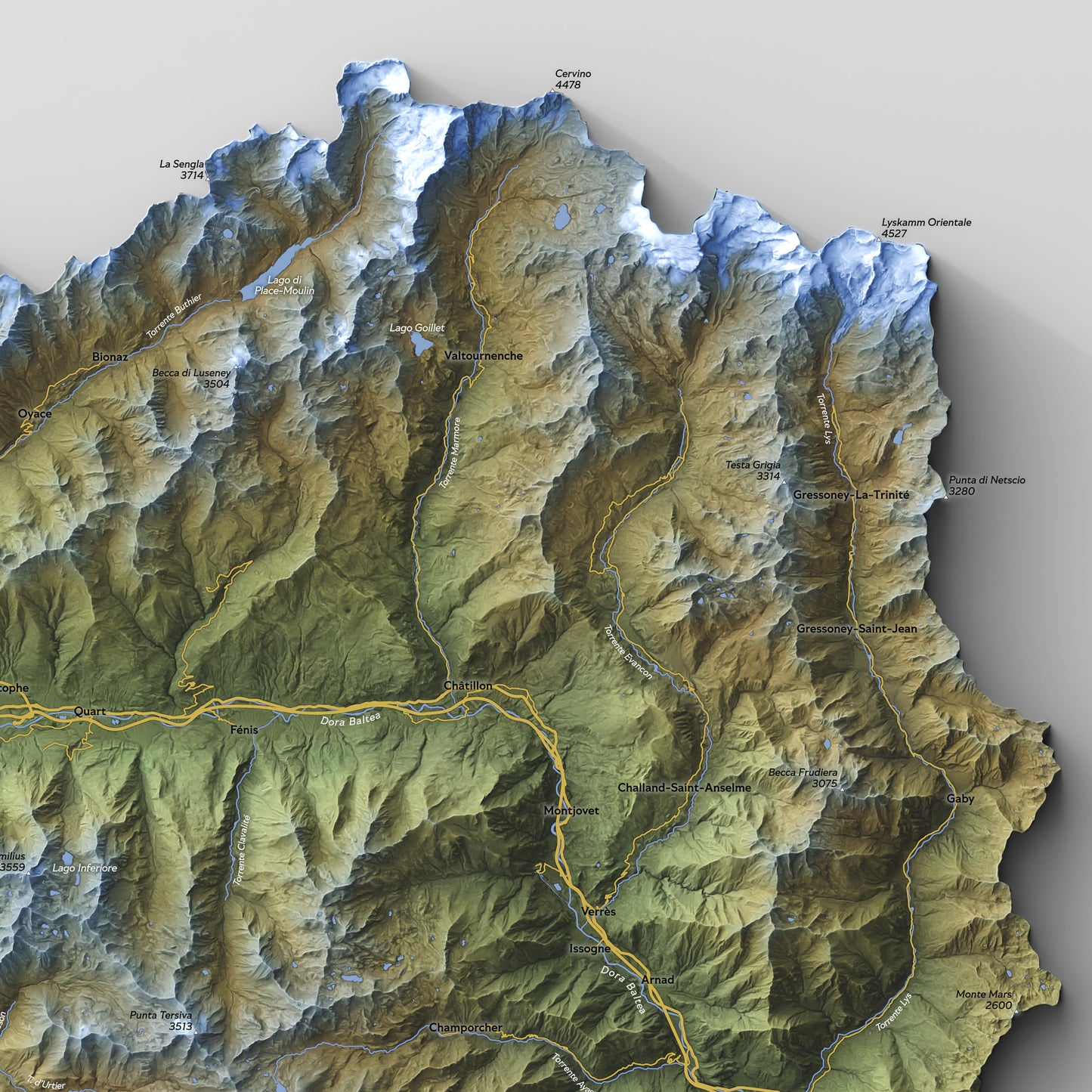 Shaded relief map of Aosta