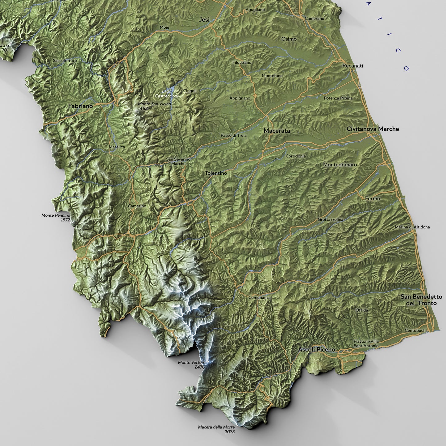 Shaded relief map of Marche